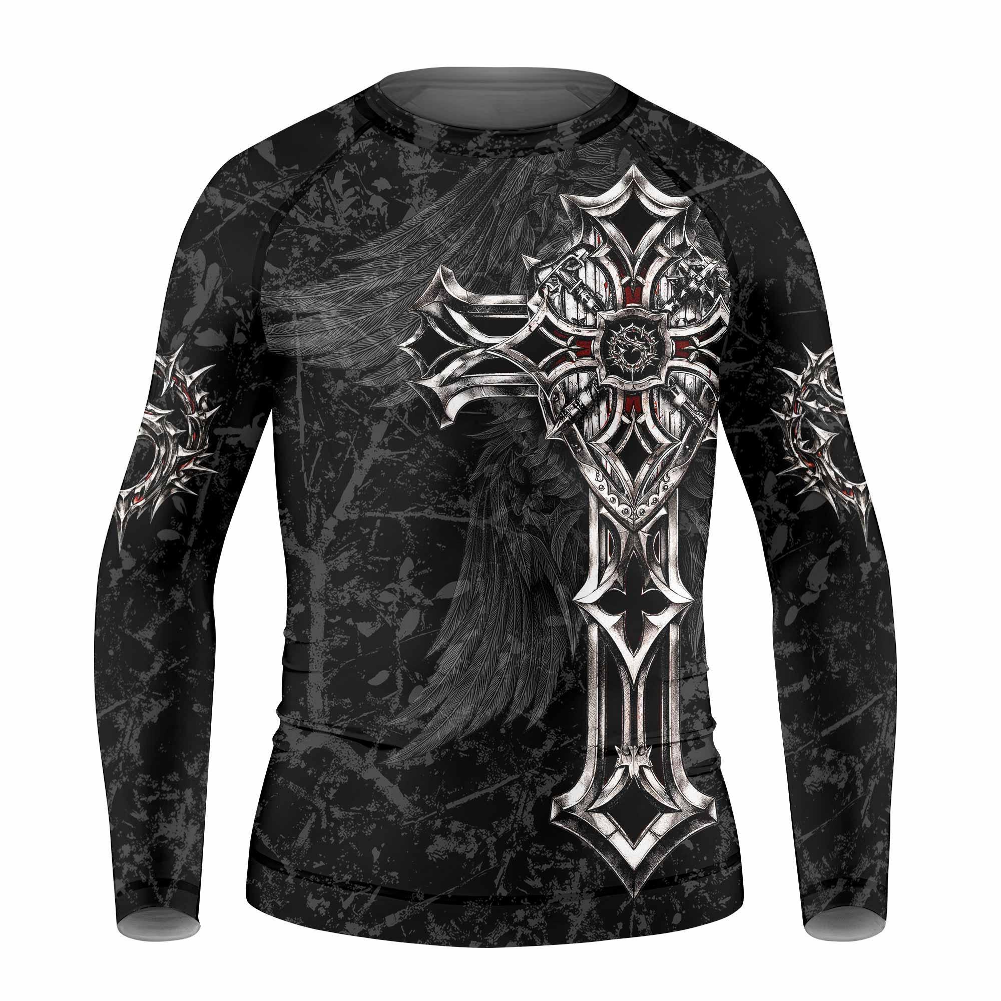 Crown of Thorns Cross Kids Rash Guard Long Sleeve - front view mockup