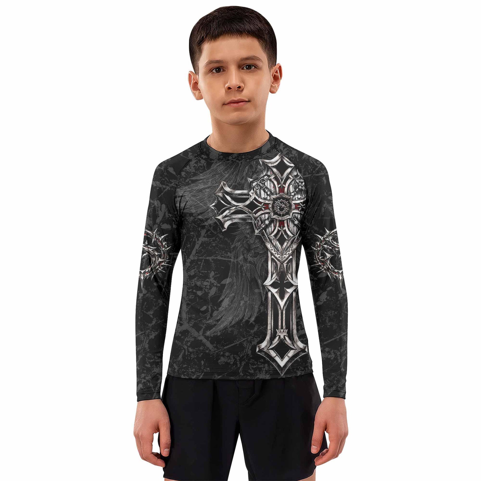 Crown of Thorns Cross Kids Rash Guard Long Sleeve - boy's lifestyle view