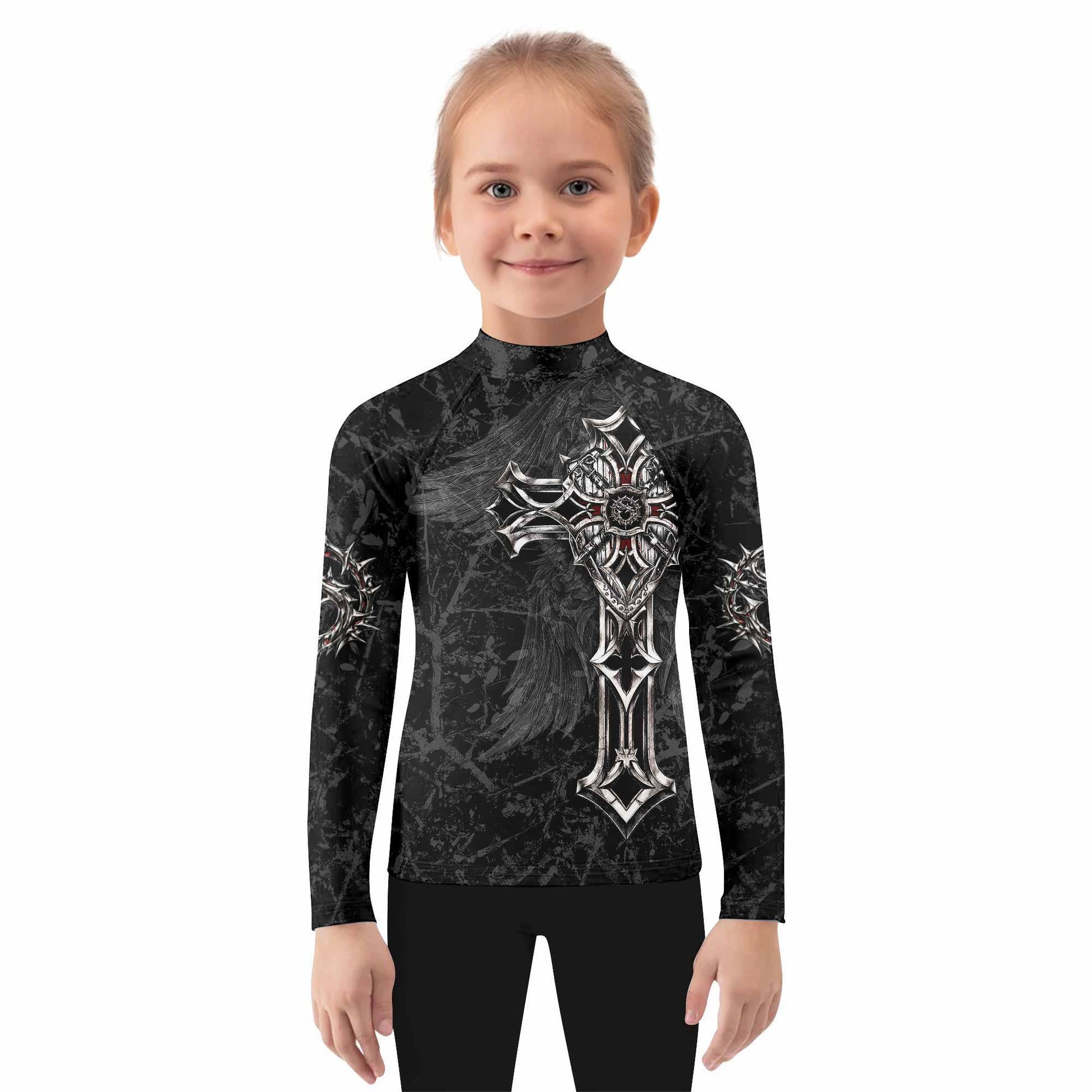 Crown of Thorns Cross Kids Rash Guard Long Sleeve - girl's lifestyle view