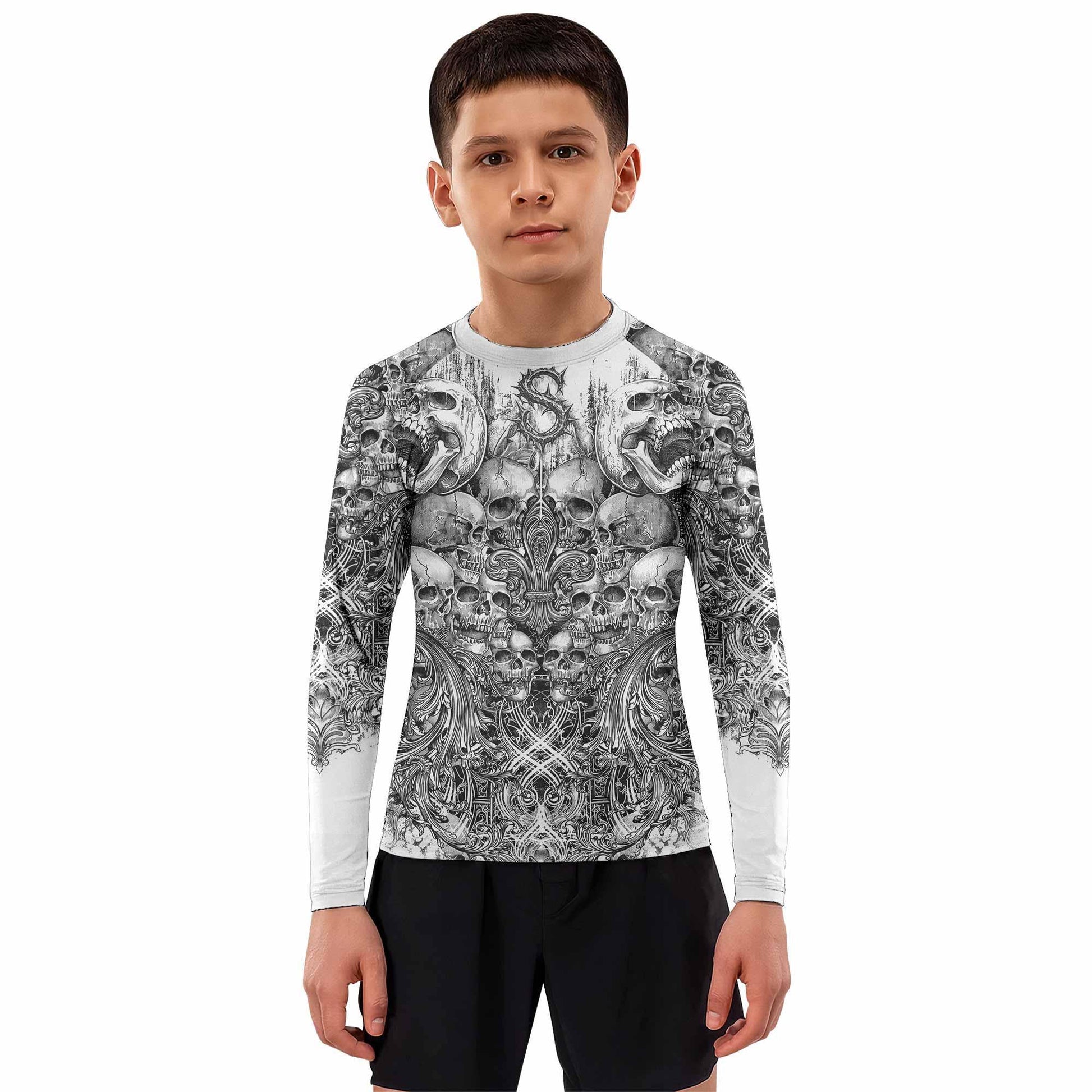 Memento Mori Skull Kids Rash Guard Long Sleeve - boy's lifestyle view