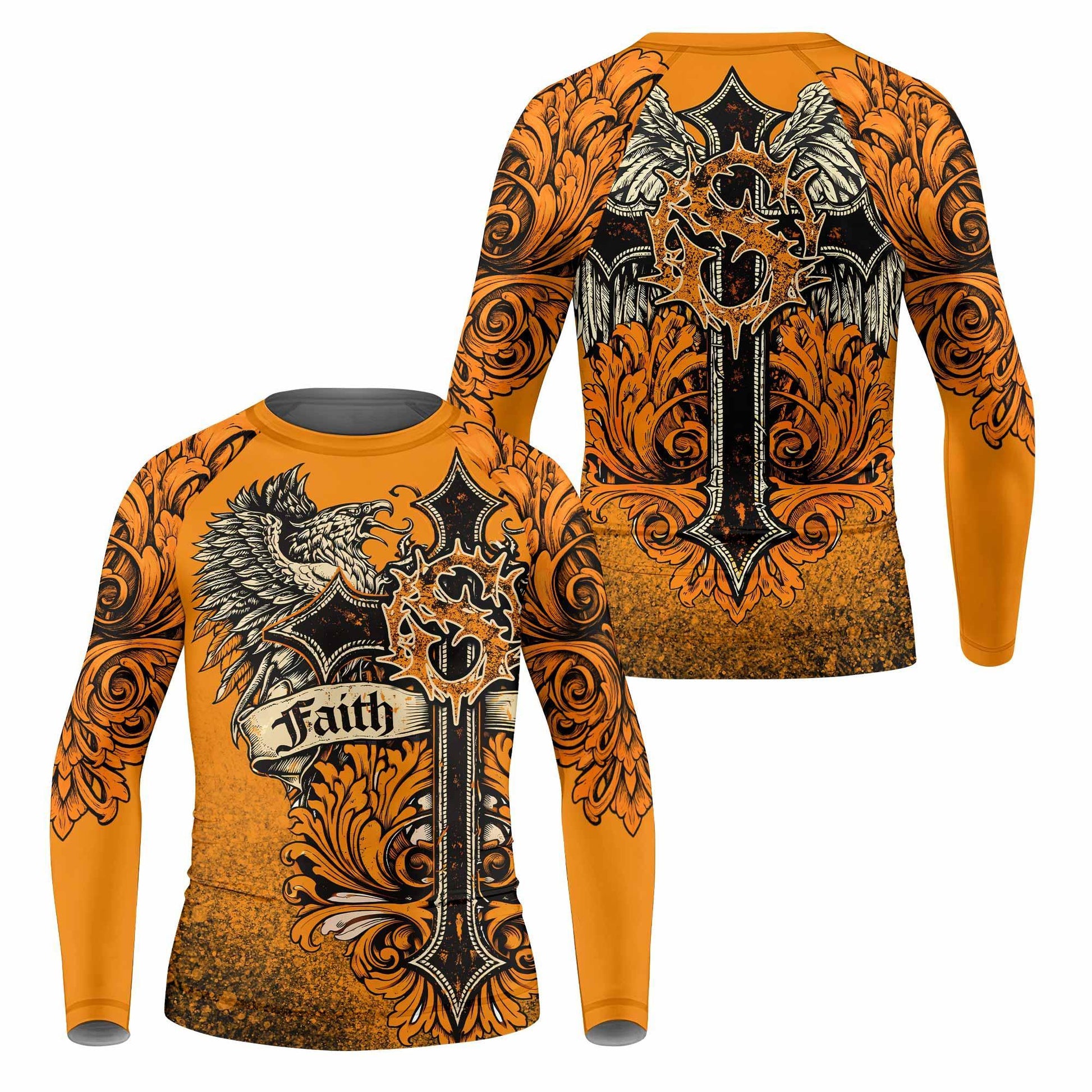 Faith Over Fear Crown Cross Kids Rash Guard Long Sleeve - front and back view