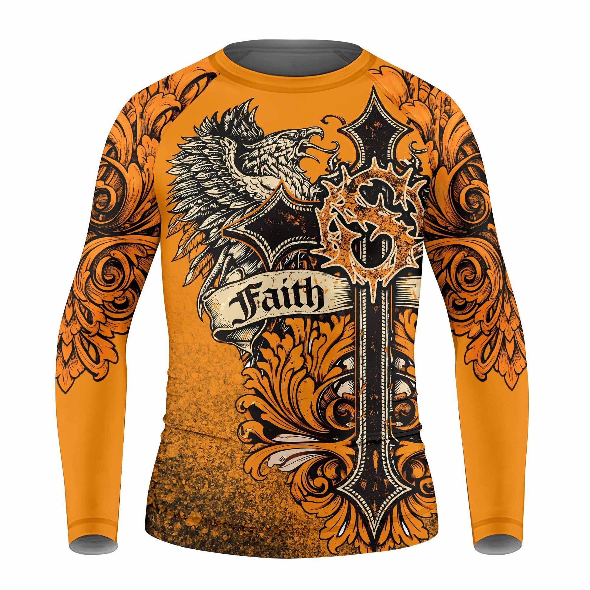 Faith Over Fear Crown Cross Kids Rash Guard Long Sleeve - front view mockup