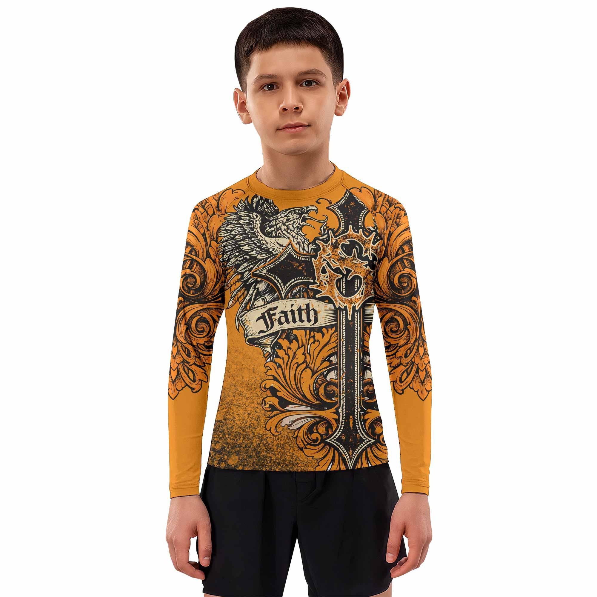 Faith Over Fear Crown Cross Kids Rash Guard Long Sleeve - boy's lifestyle view