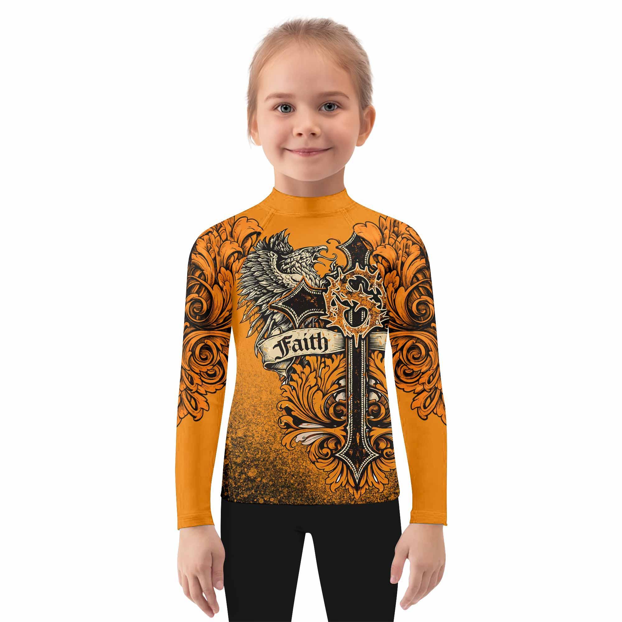 Faith Over Fear Crown Cross Kids Rash Guard Long Sleeve - girl's lifestyle view