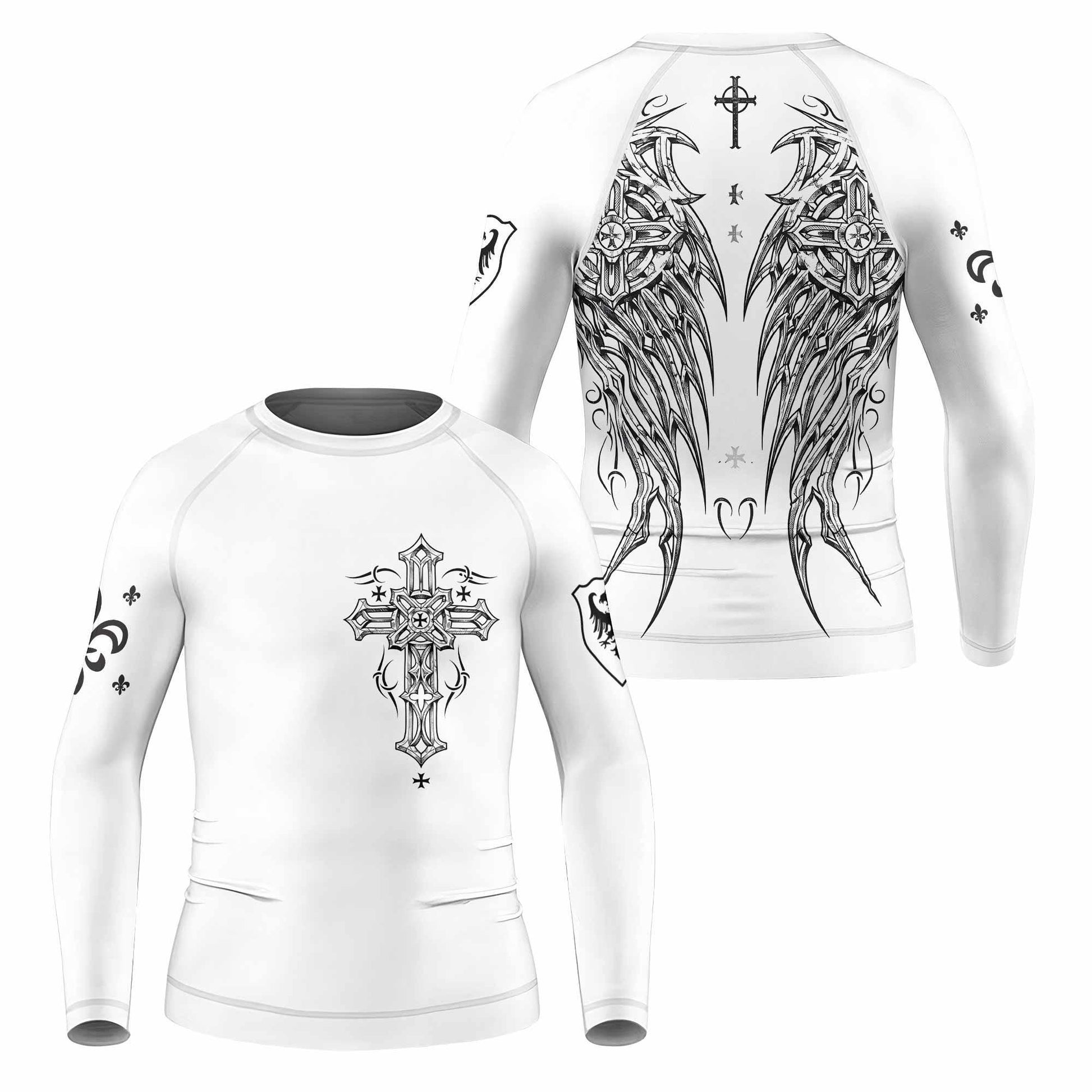 Angel Wings Cross Kids Rash Guard Long Sleeve - front and back view