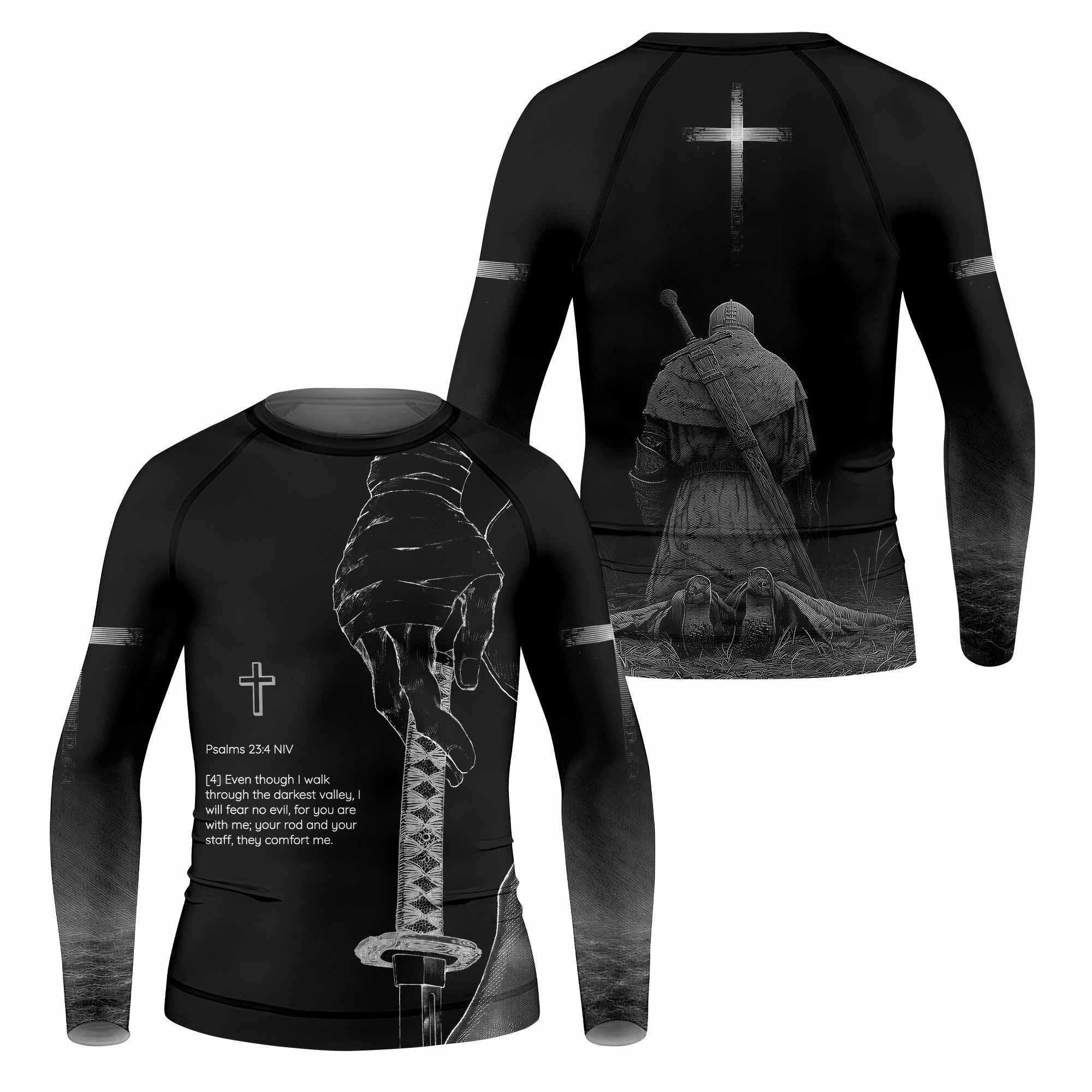 Psalms 23:4 NIV Kids Rash Guard Long Sleeve - front and back view
