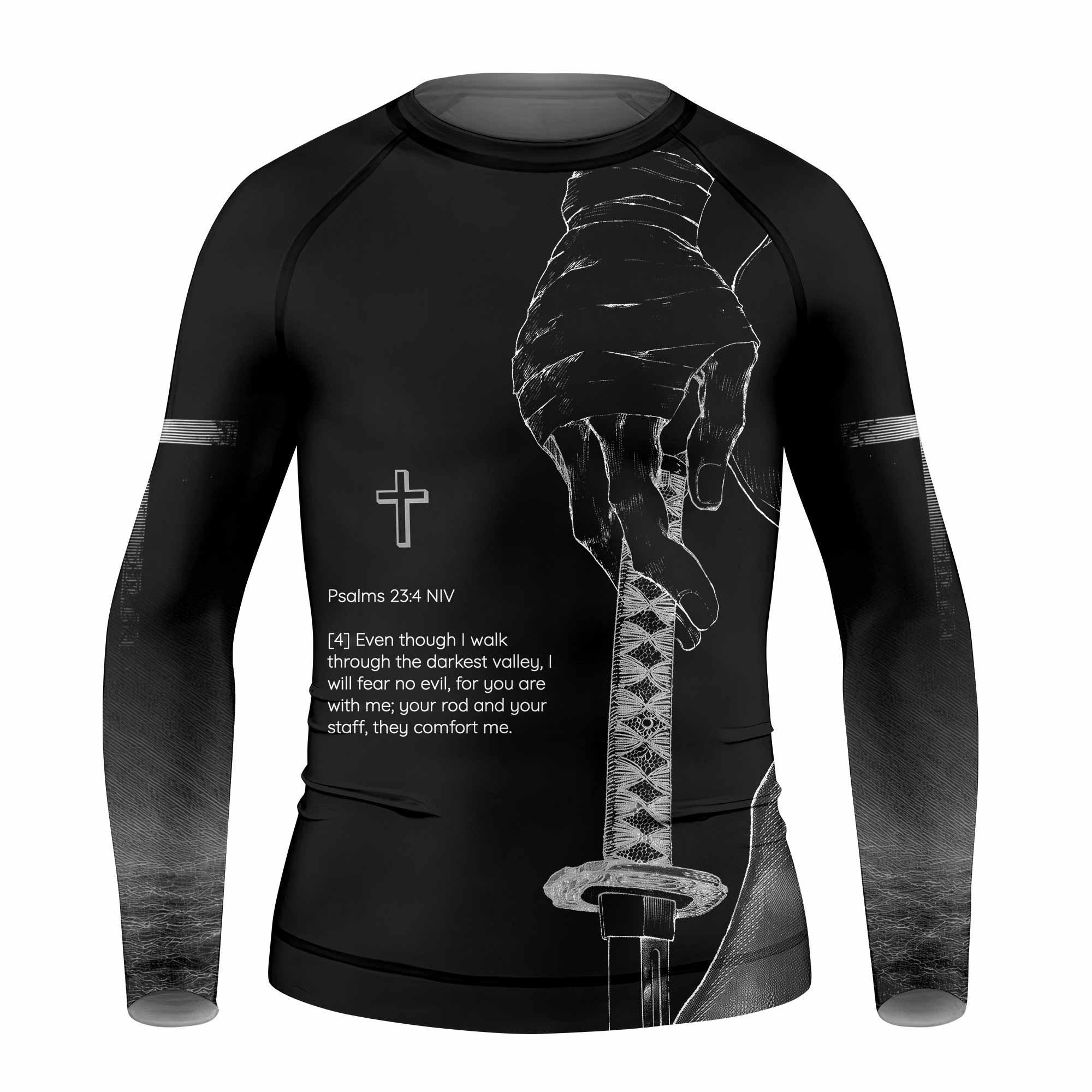 Psalms 23:4 NIV Kids Rash Guard Long Sleeve - front view mockup