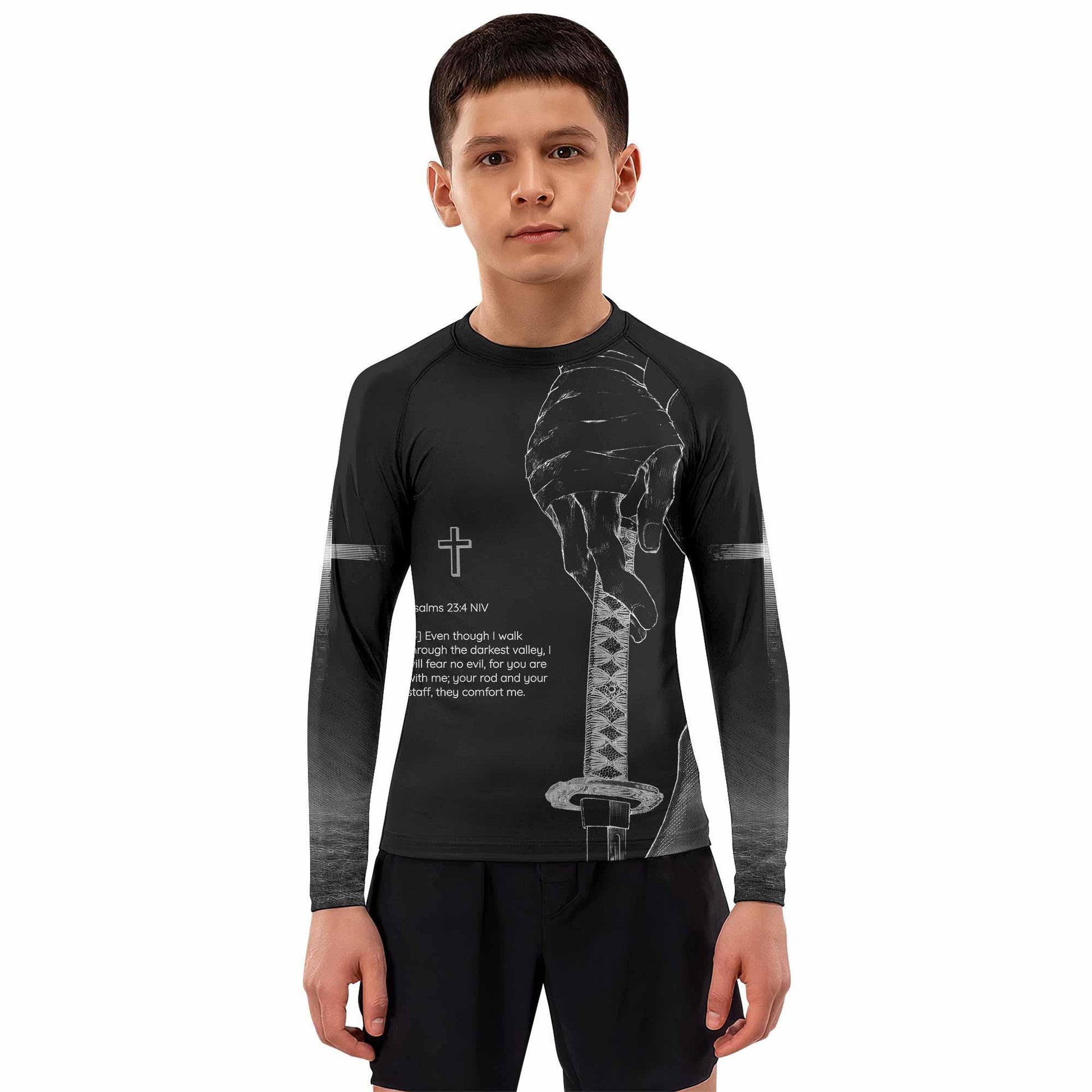 Psalms 23:4 NIV Kids Rash Guard Long Sleeve - boy's lifestyle view