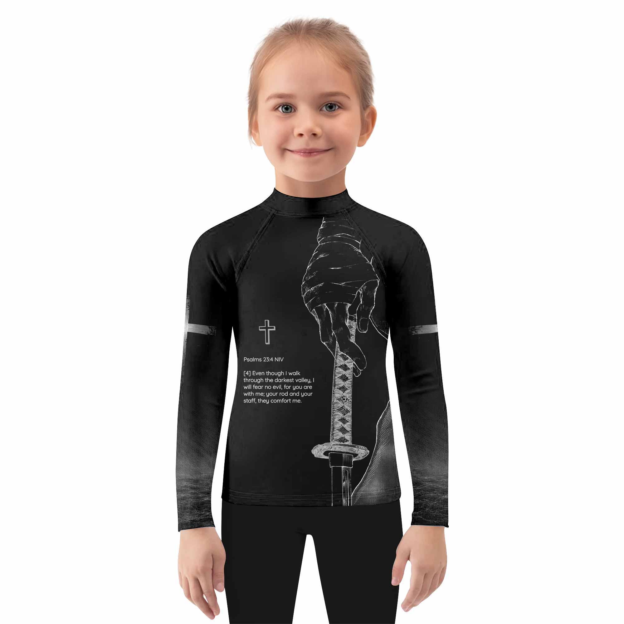 Psalms 23:4 NIV Kids Rash Guard Long Sleeve - girl's lifestyle view