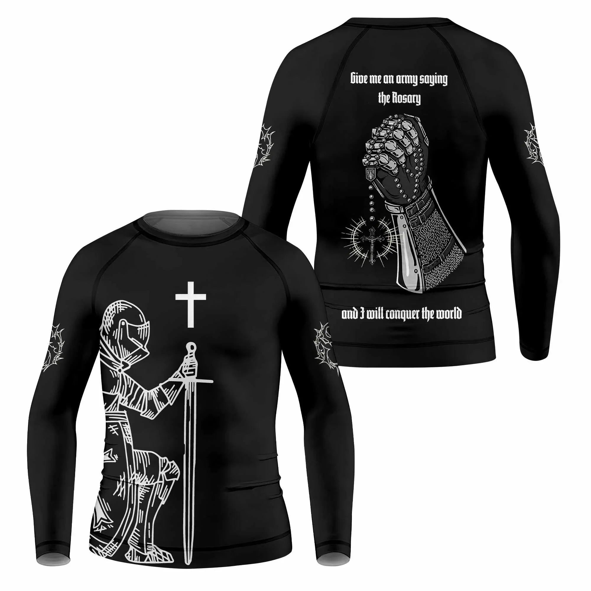 Give Me an Army Rosary Kids Rash Guard Long Sleeve - front and back view