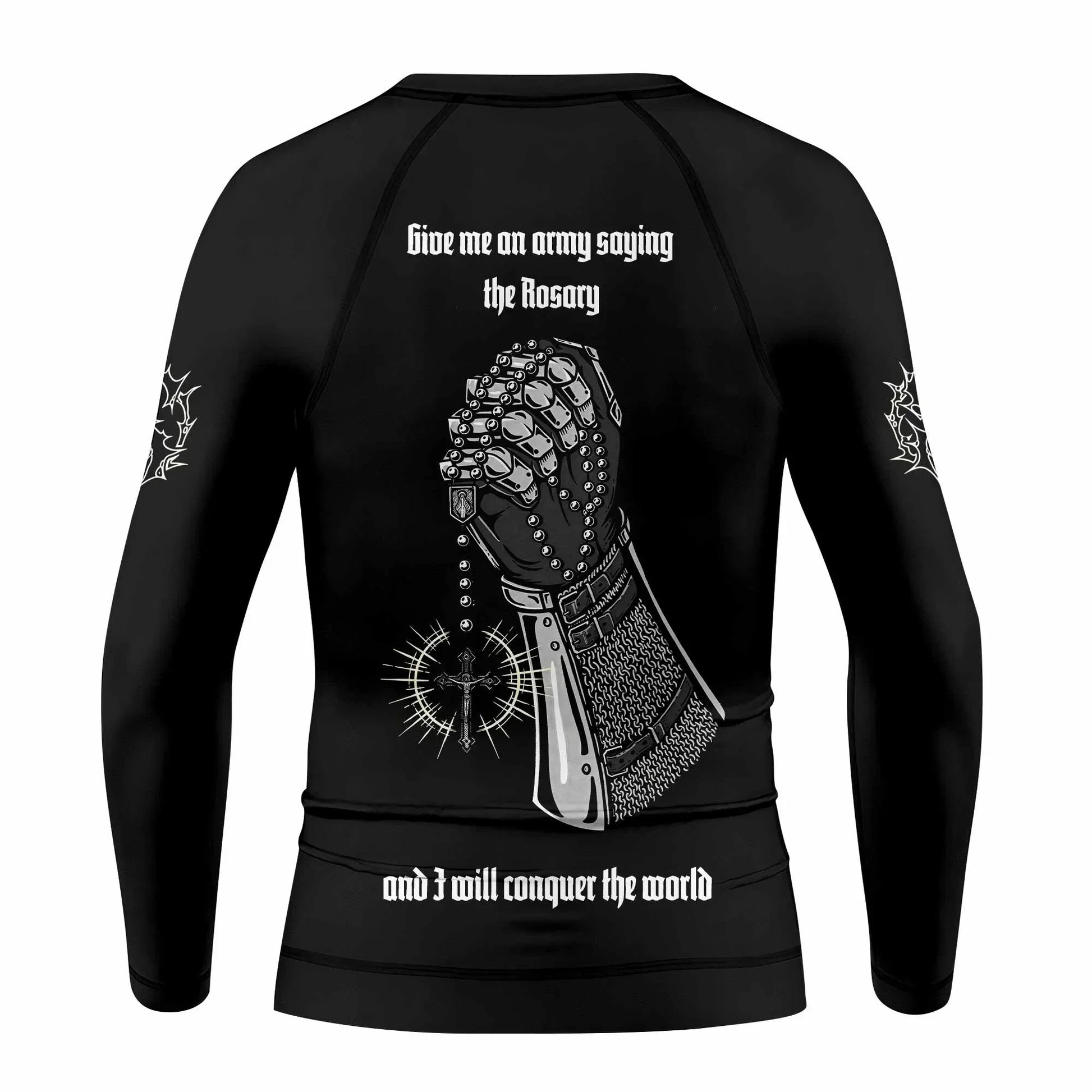 Give Me an Army Rosary Kids Rash Guard Long Sleeve - back view mockup