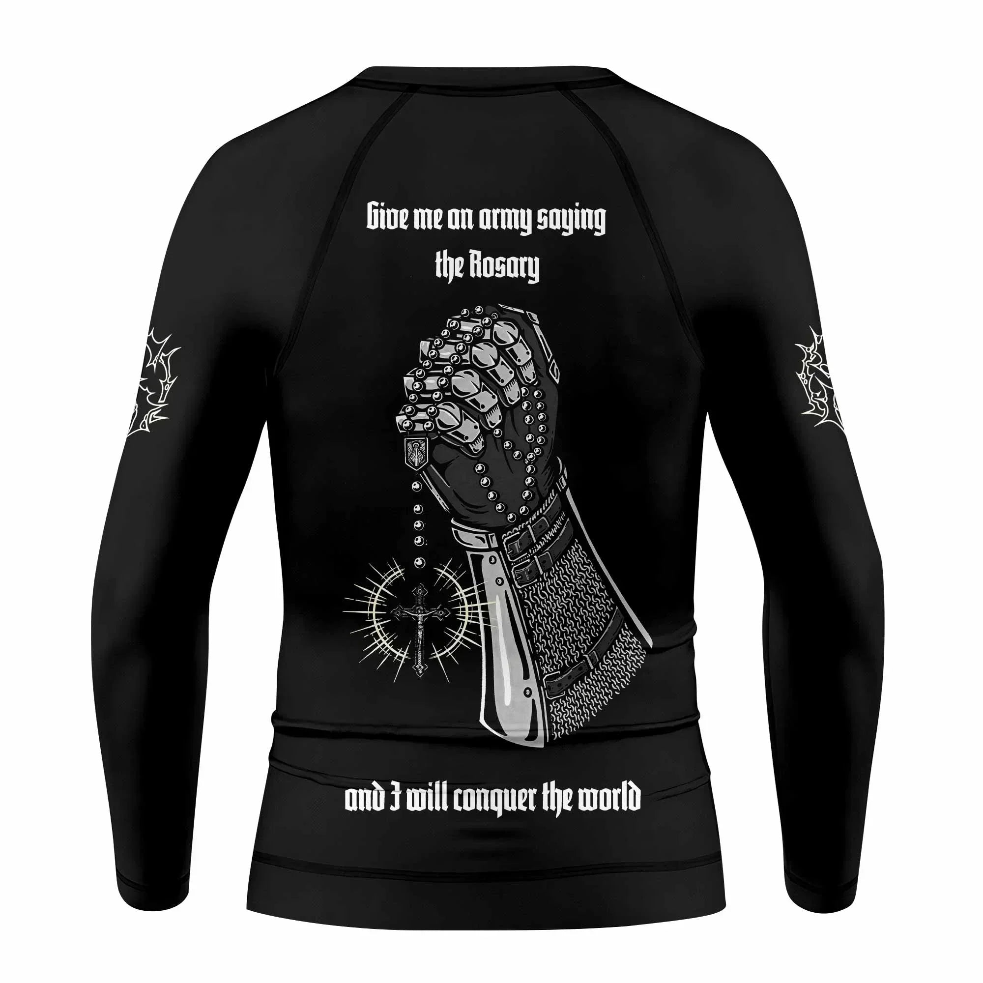 Give Me an Army Rosary Kids Rash Guard Long Sleeve - back view mockup