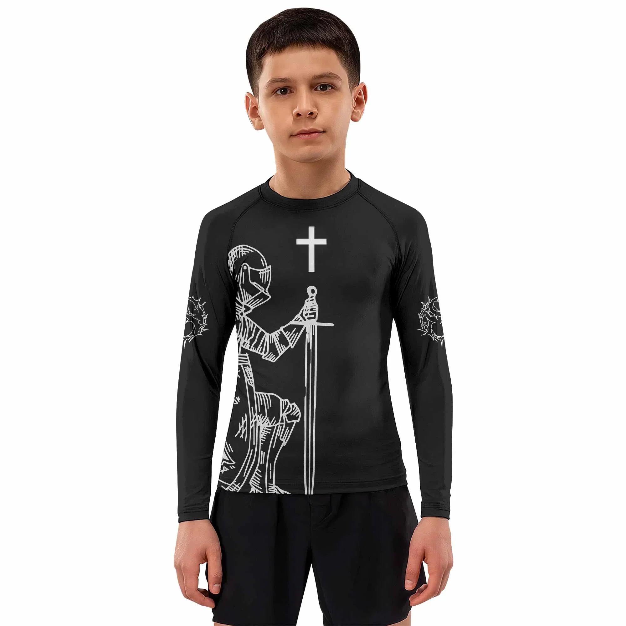 Give Me an Army Rosary Kids Rash Guard Long Sleeve - boy's lifestyle view