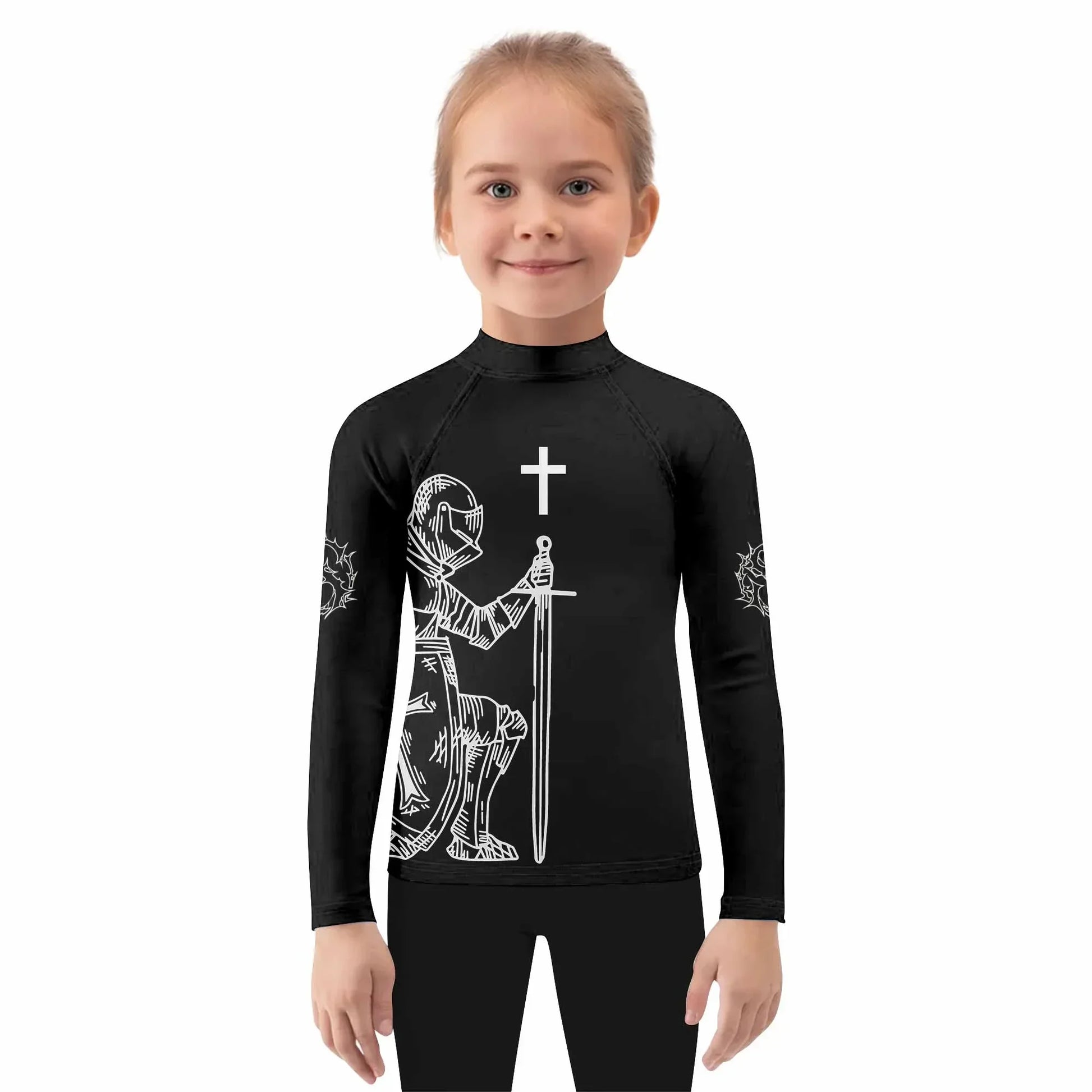 Give Me an Army Rosary Kids Rash Guard Long Sleeve - girl's lifestyle view