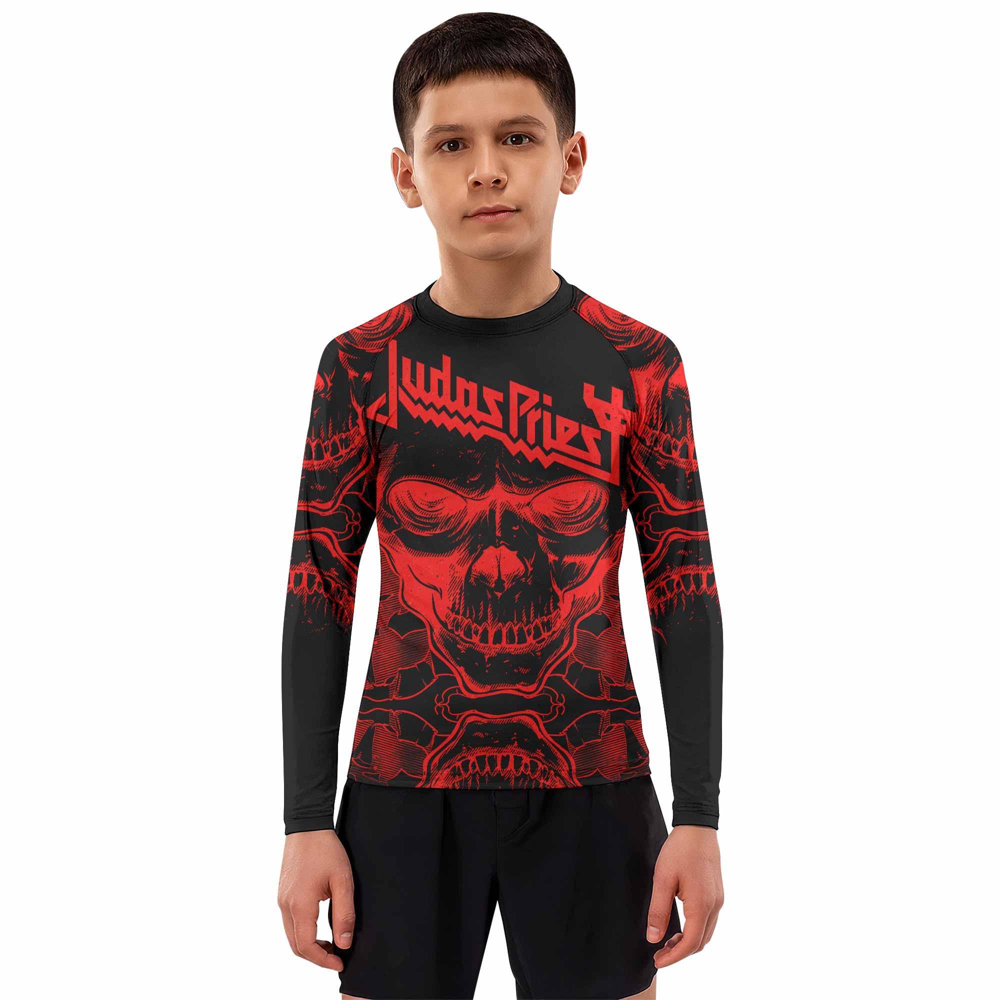 Judas Priest Skull Kids Rash Guard Long Sleeve - boy's lifestyle view