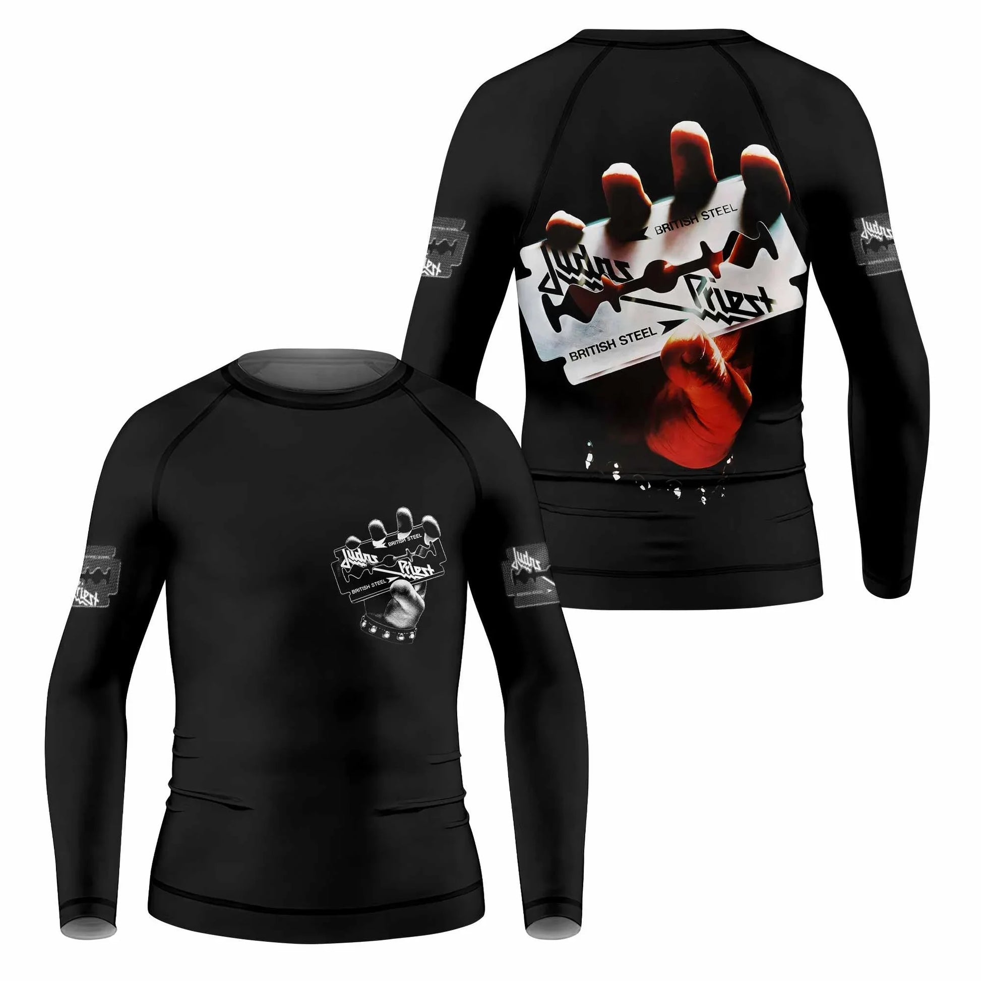 Judas Priest British Steel Kids Rash Guard Long Sleeve - front and back view