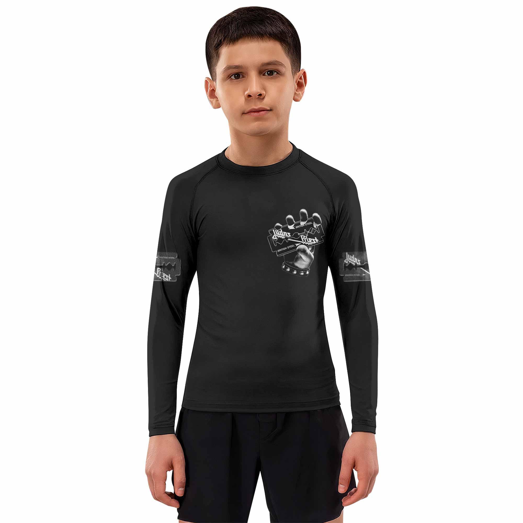 Judas Priest British Steel Kids Rash Guard Long Sleeve - boy's lifestyle view