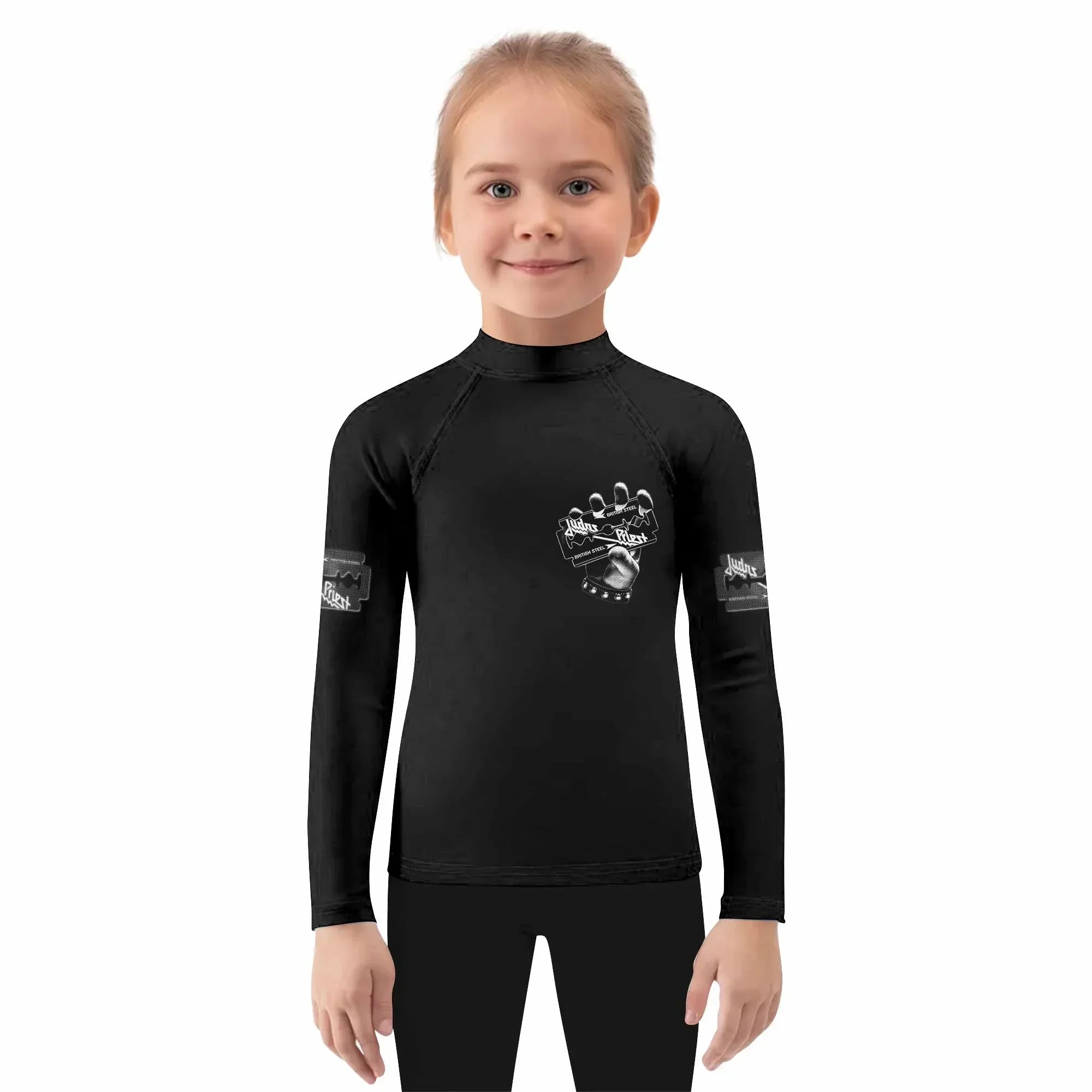 Judas Priest British Steel Kids Rash Guard Long Sleeve - girl's lifestyle view