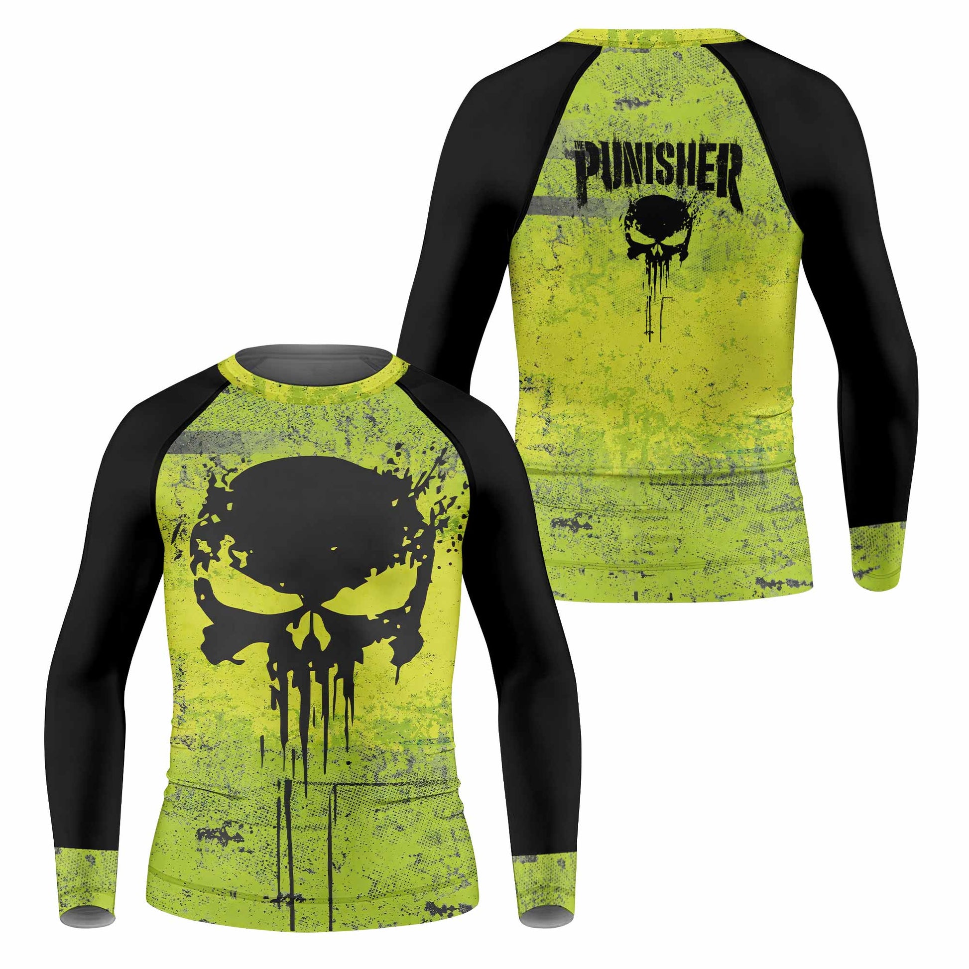 The Punisher Skull Kids Rash Guard Long Sleeve - front and back view