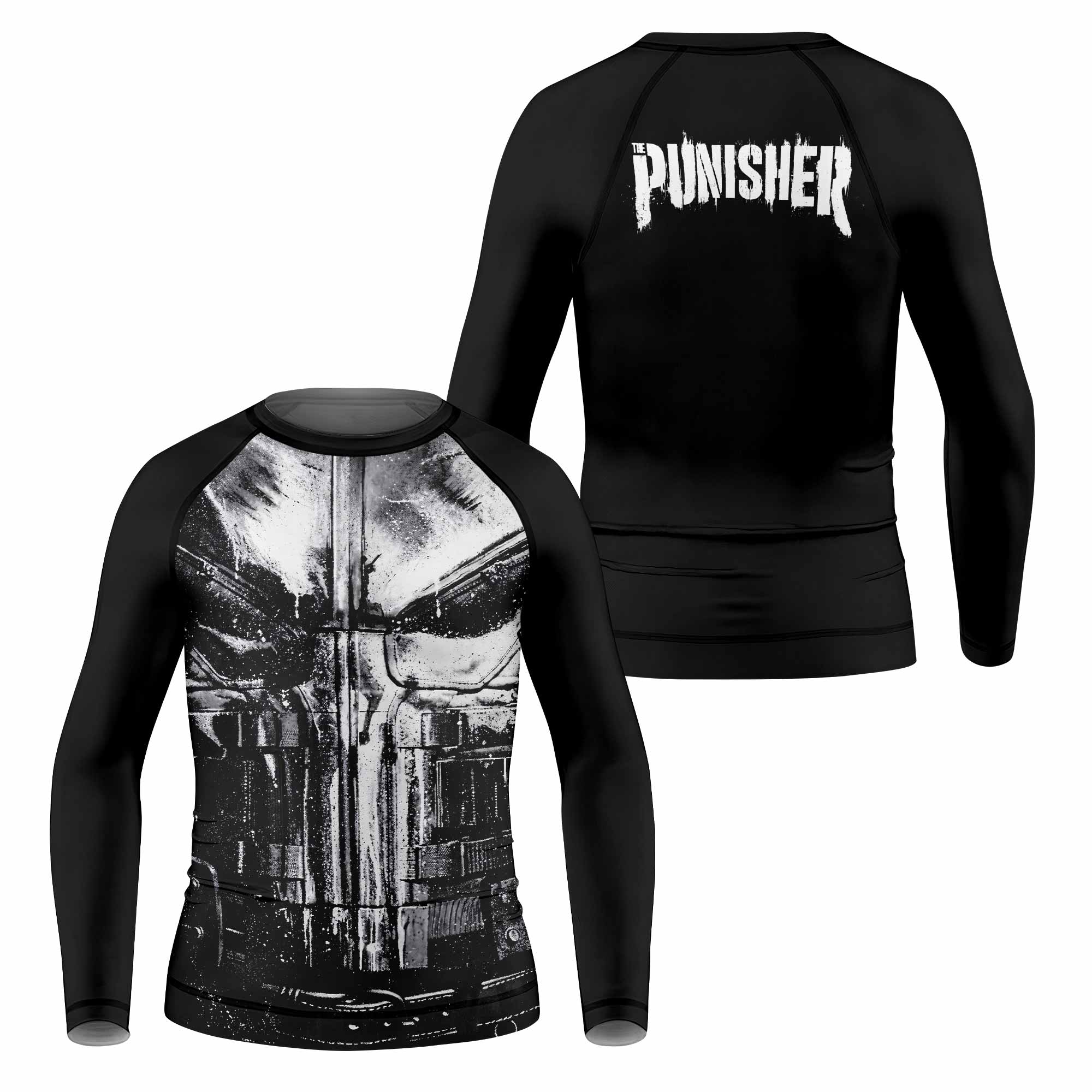 The Punisher War Mask Kids Rash Guard Long Sleeve - front and back view