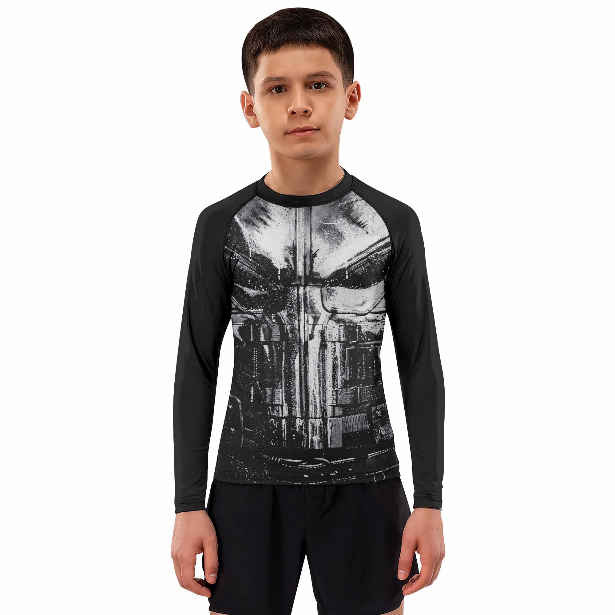 The Punisher War Mask Kids Rash Guard Long Sleeve - boy's lifestyle view