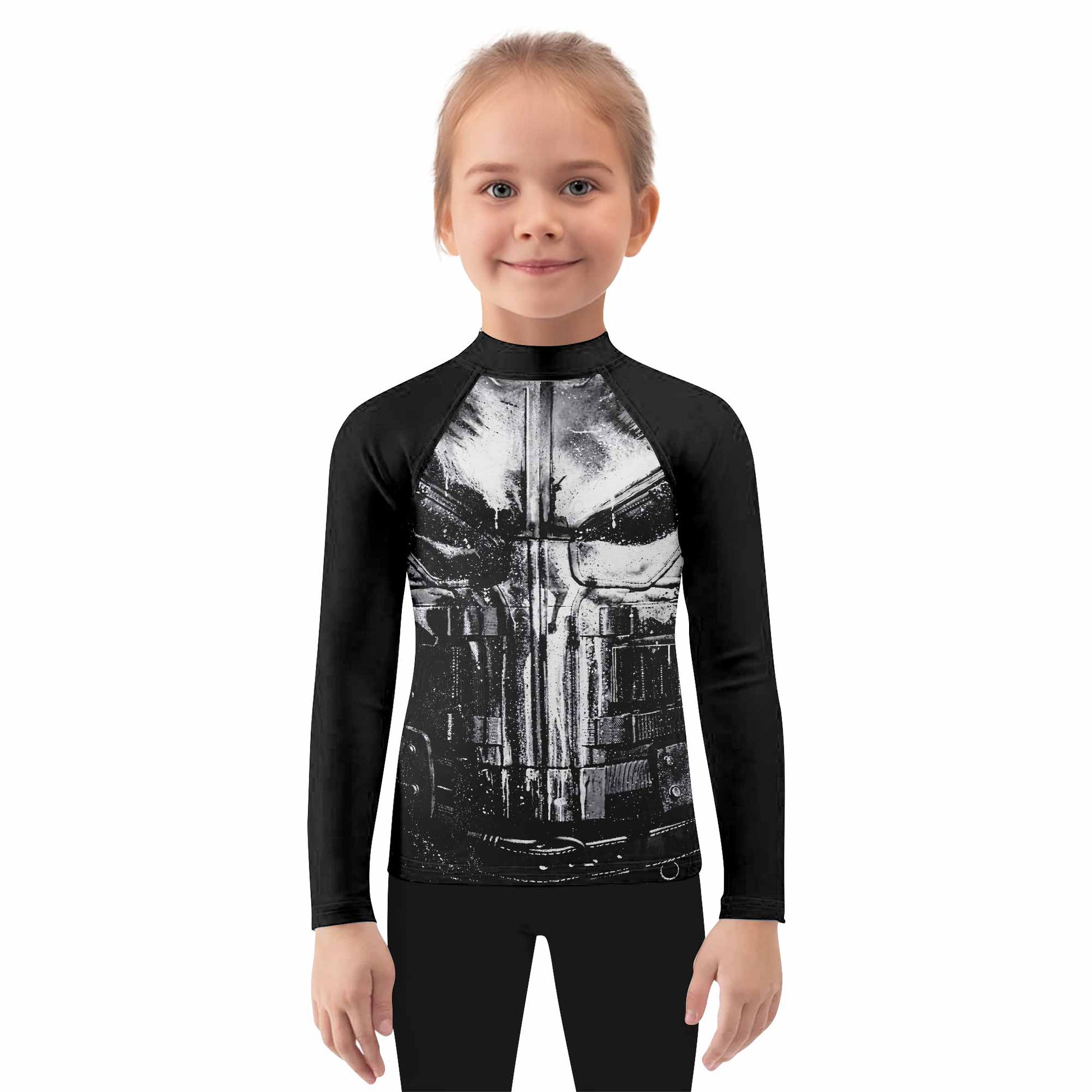 The Punisher War Mask Kids Rash Guard Long Sleeve - girl's lifestyle view