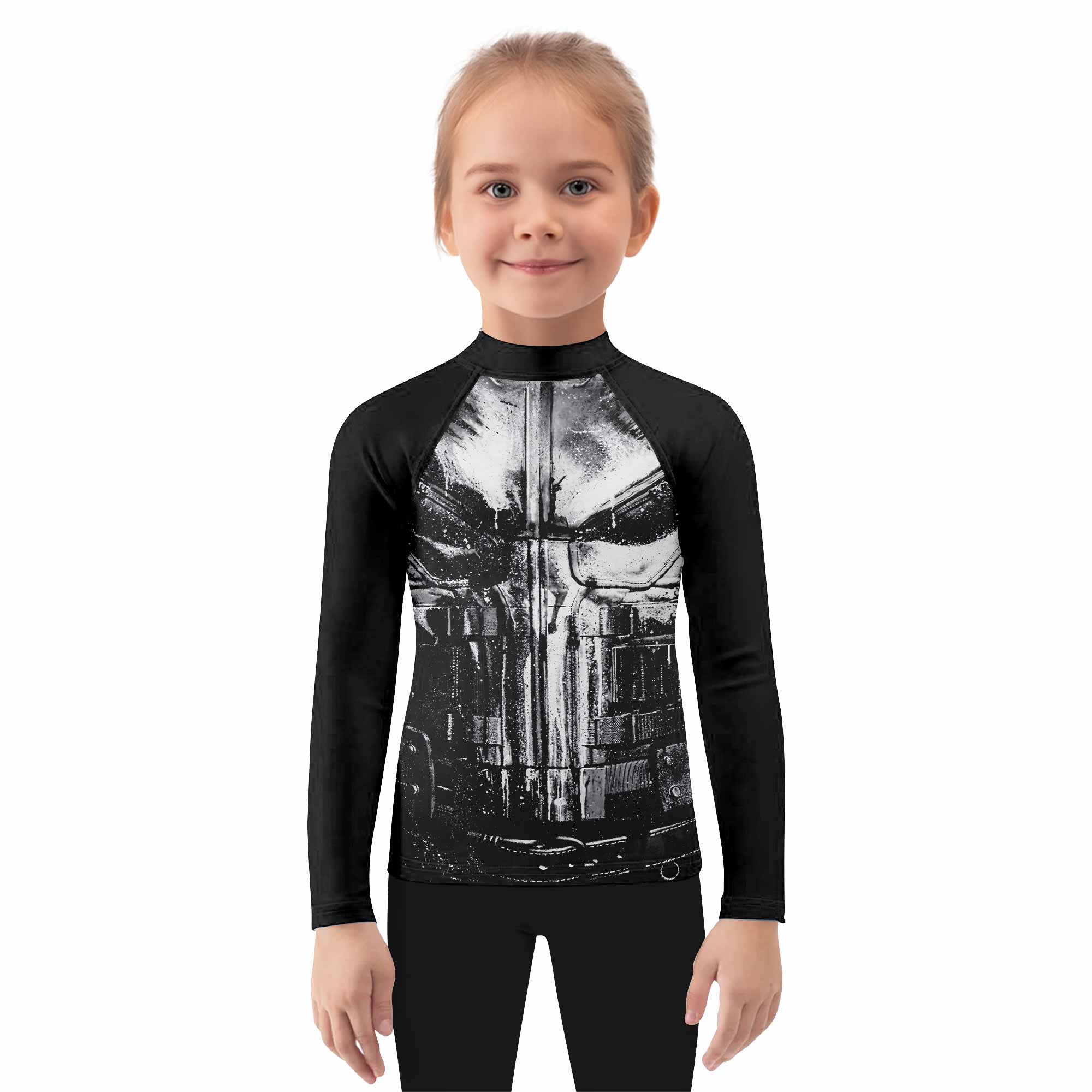 The Punisher War Mask Kids Rash Guard Long Sleeve - girl's lifestyle view