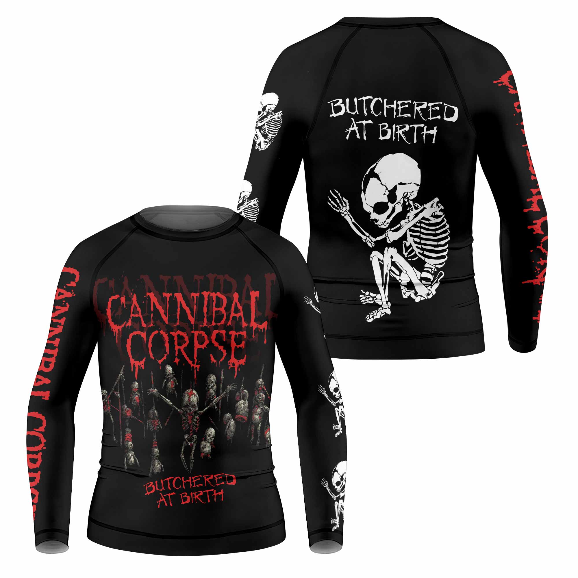 Cannibal Corpse Butchered at Birth Kids Rash Guard Long Sleeve - front and back view