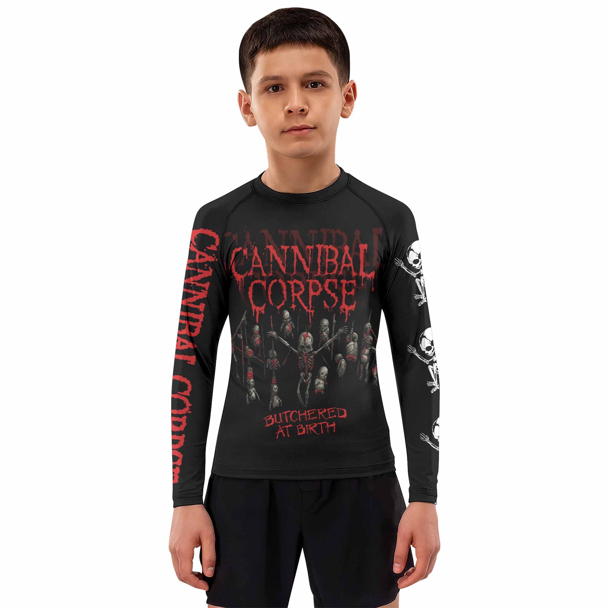 Cannibal Corpse Butchered at Birth Kids Rash Guard Long Sleeve - boy's lifestyle view