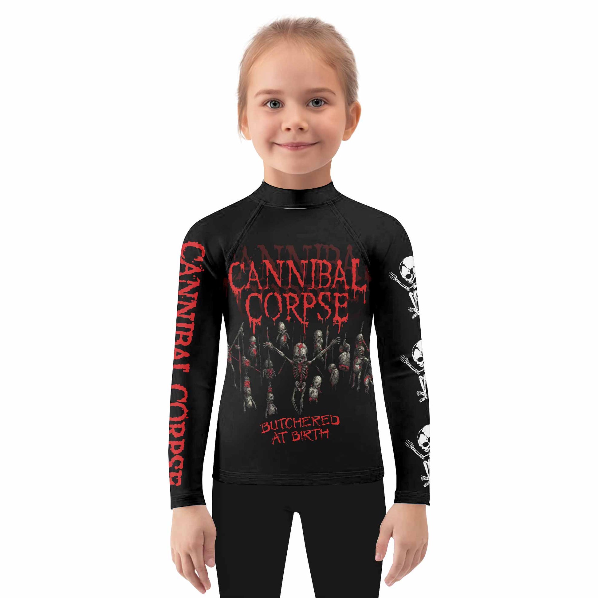 Cannibal Corpse Butchered at Birth Kids Rash Guard Long Sleeve - girl's lifestyle view