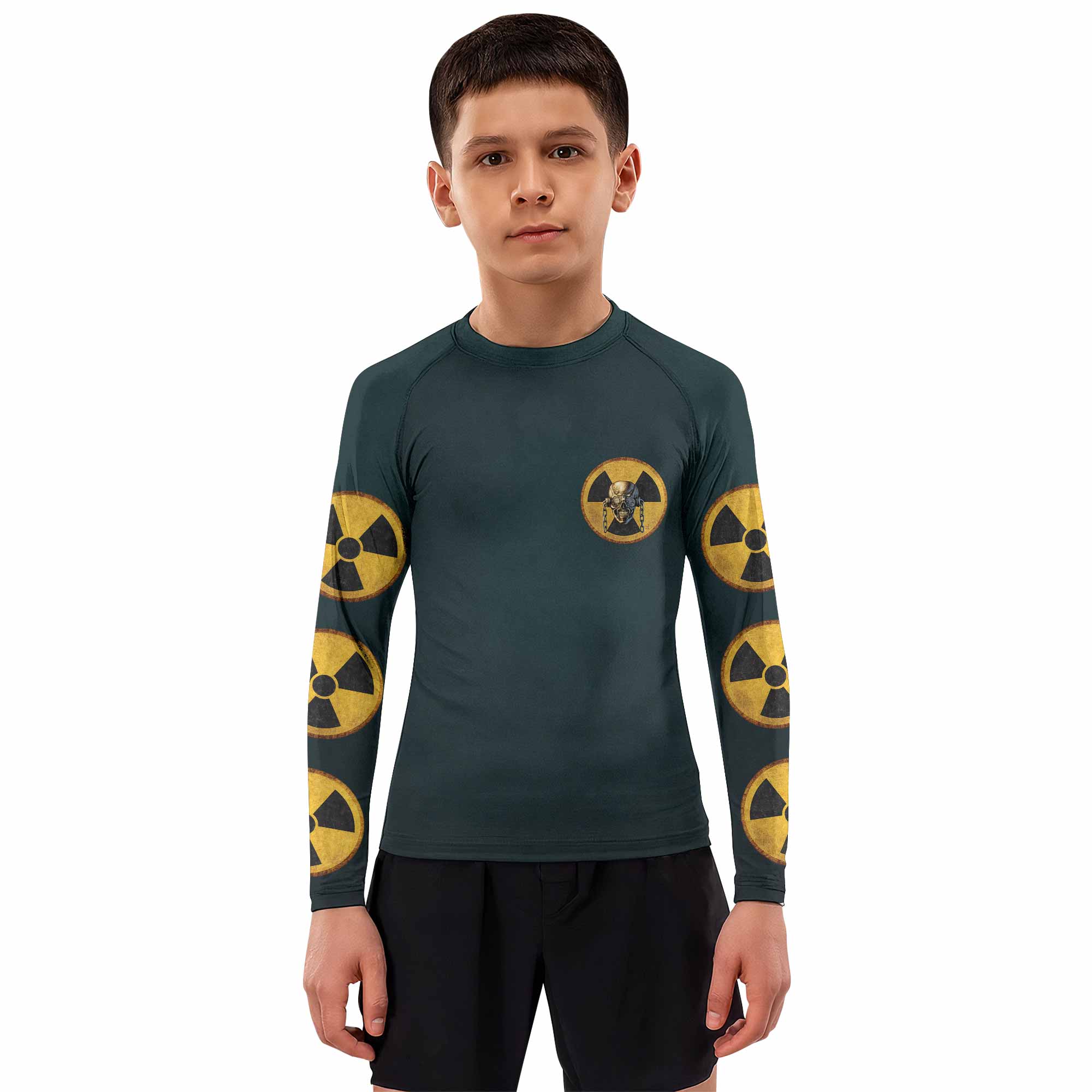 Megadeth Nuclear Skull Kids Rash Guard Long Sleeve - boy's lifestyle view