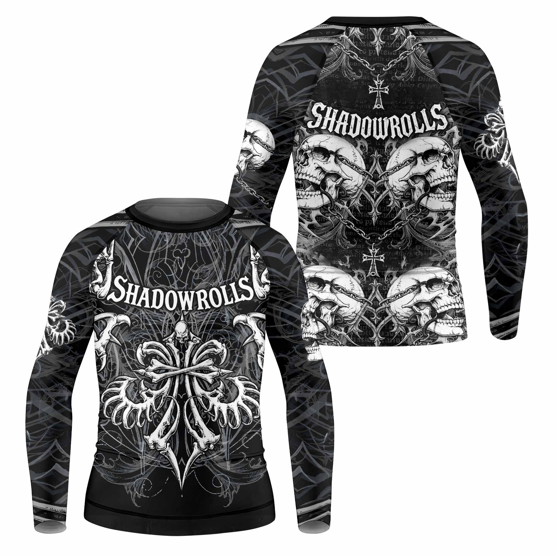 Shadowrolls Skull Cross Kids Rash Guard Long Sleeve - front and back view