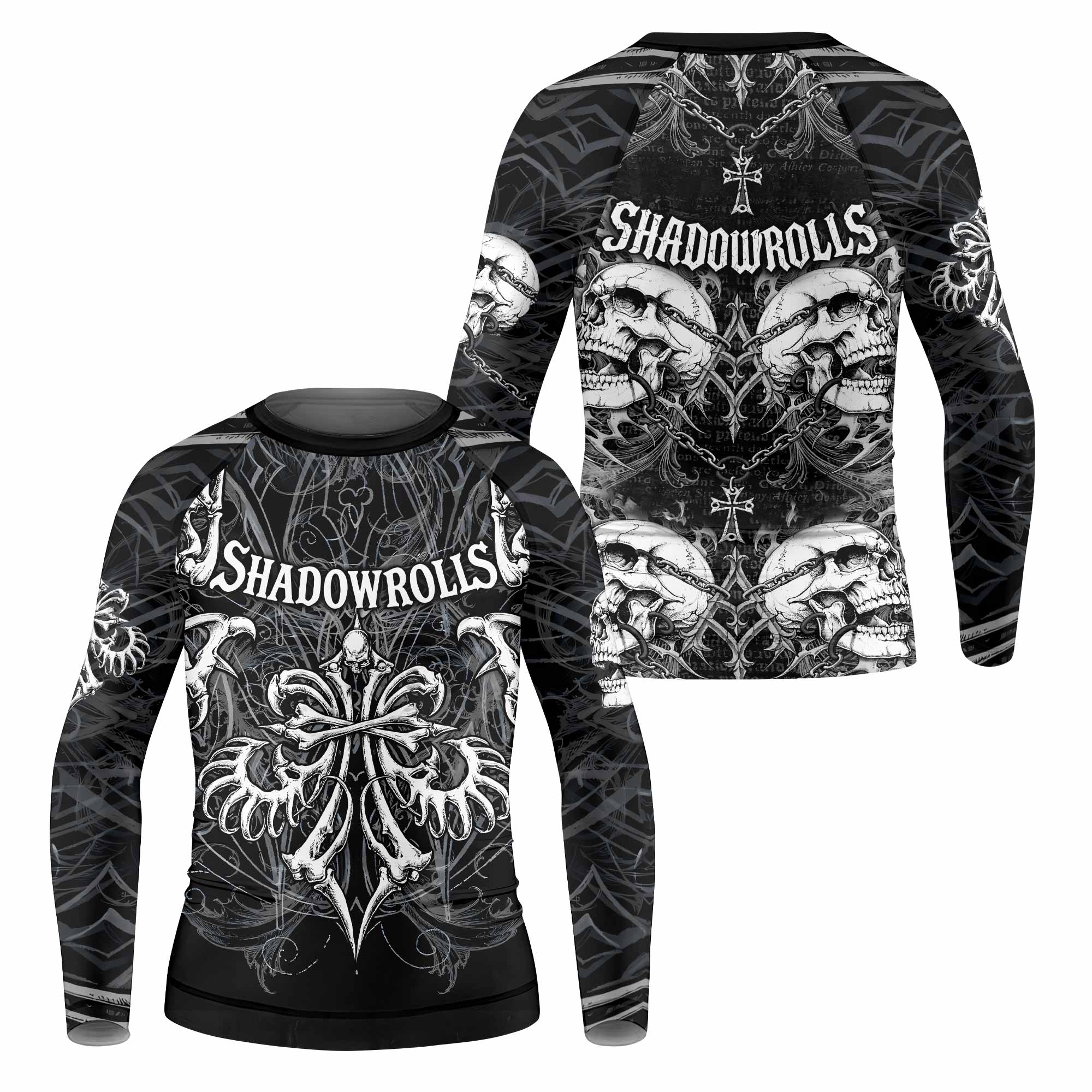 Shadowrolls Skull Cross Kids Rash Guard Long Sleeve - front and back view