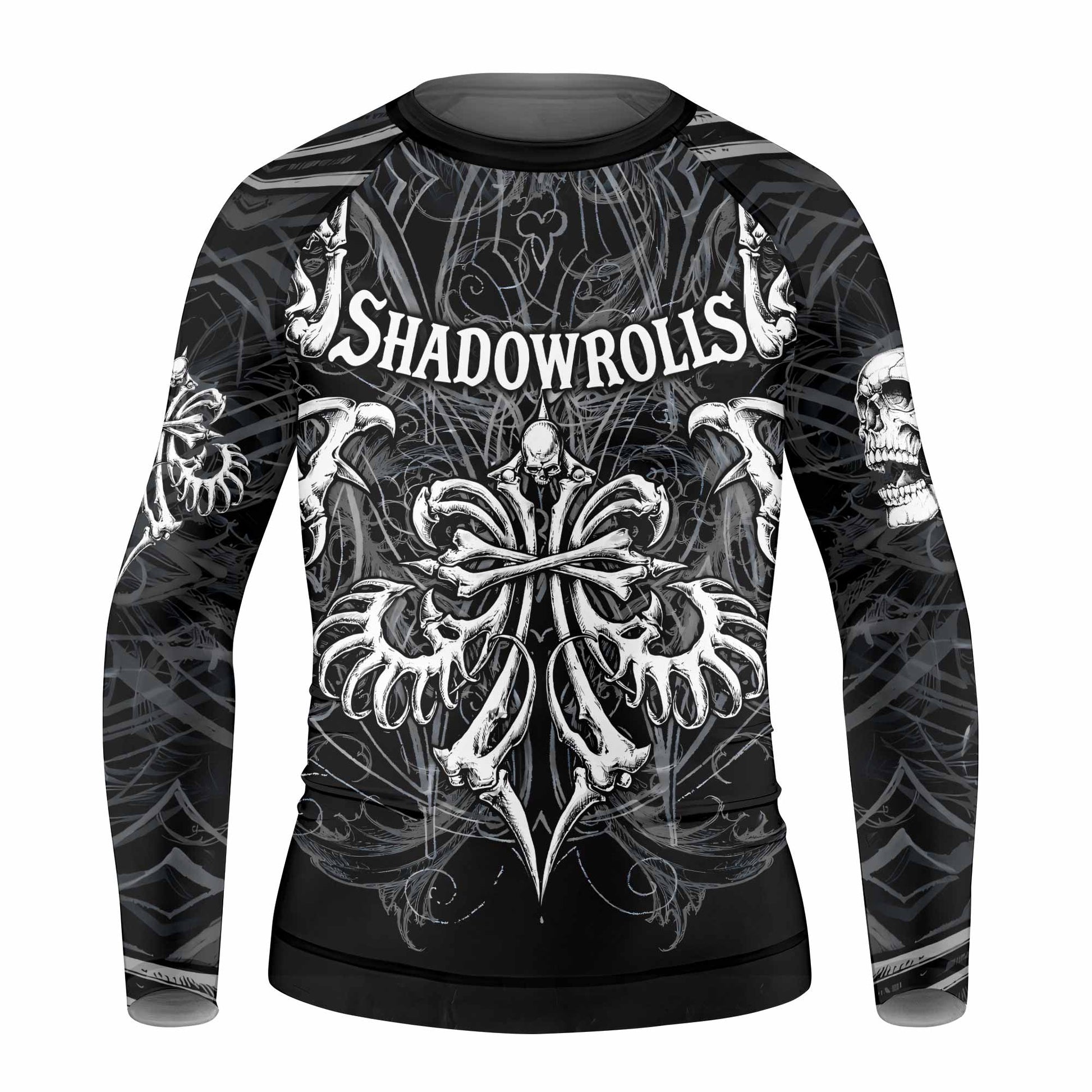 Shadowrolls Skull Cross Kids Rash Guard Long Sleeve - front view mockup
