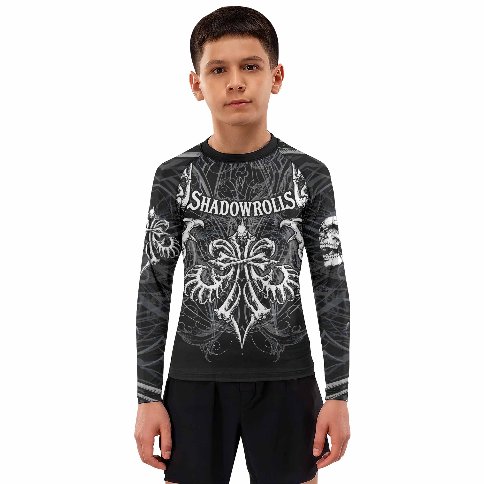 Shadowrolls Skull Cross Kids Rash Guard Long Sleeve - boy's lifestyle view