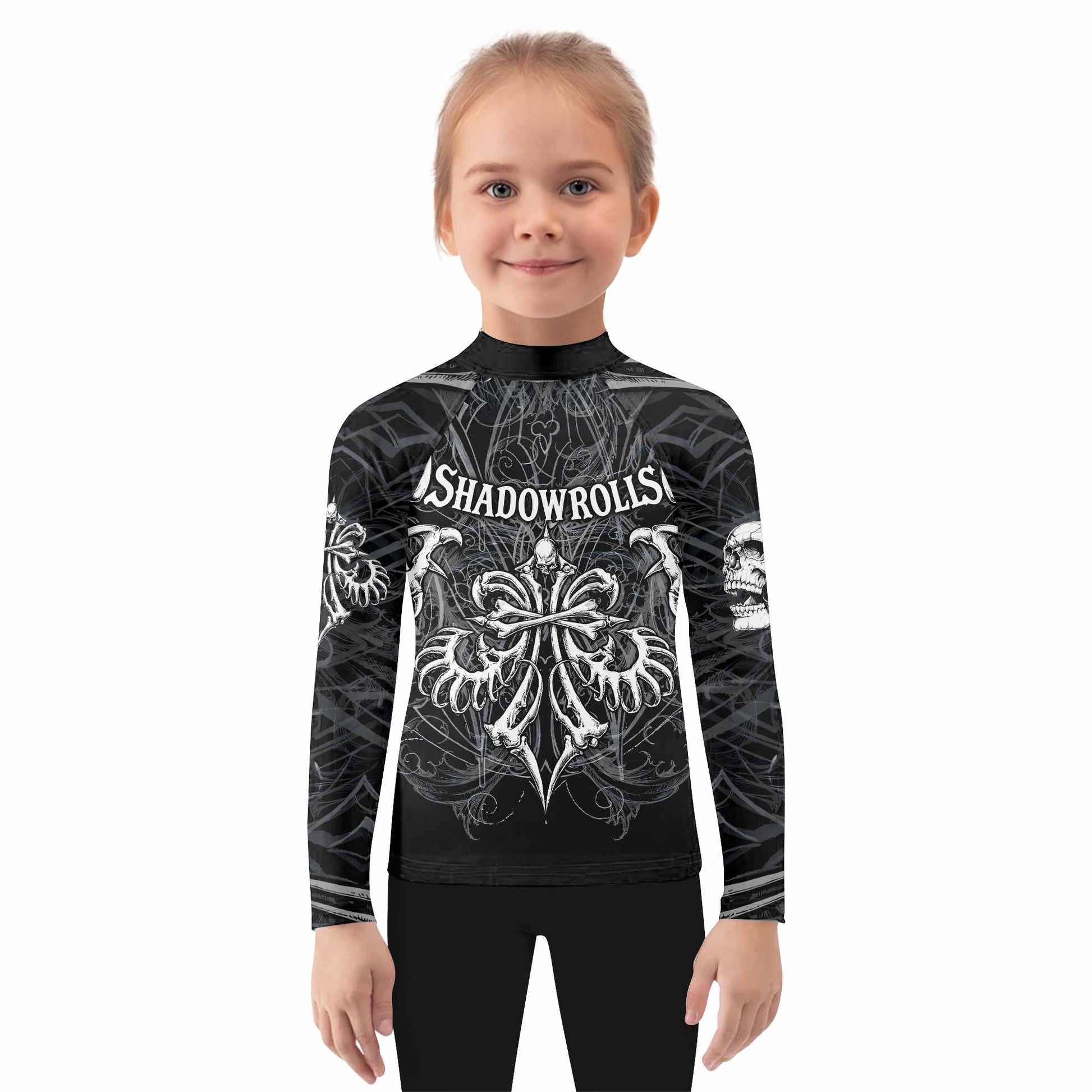 Shadowrolls Skull Cross Kids Rash Guard Long Sleeve - girl's lifestyle view