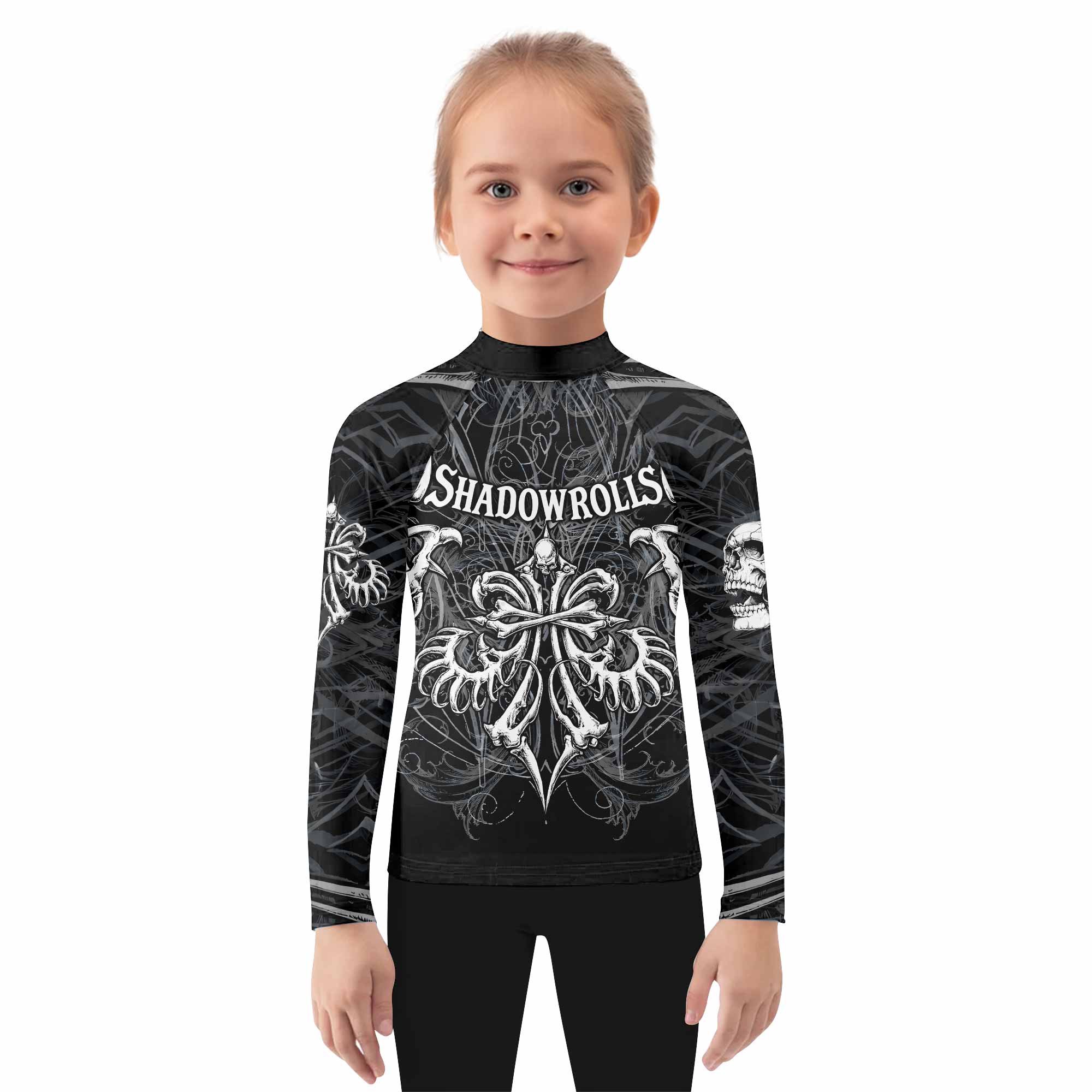 Shadowrolls Skull Cross Kids Rash Guard Long Sleeve - girl's lifestyle view