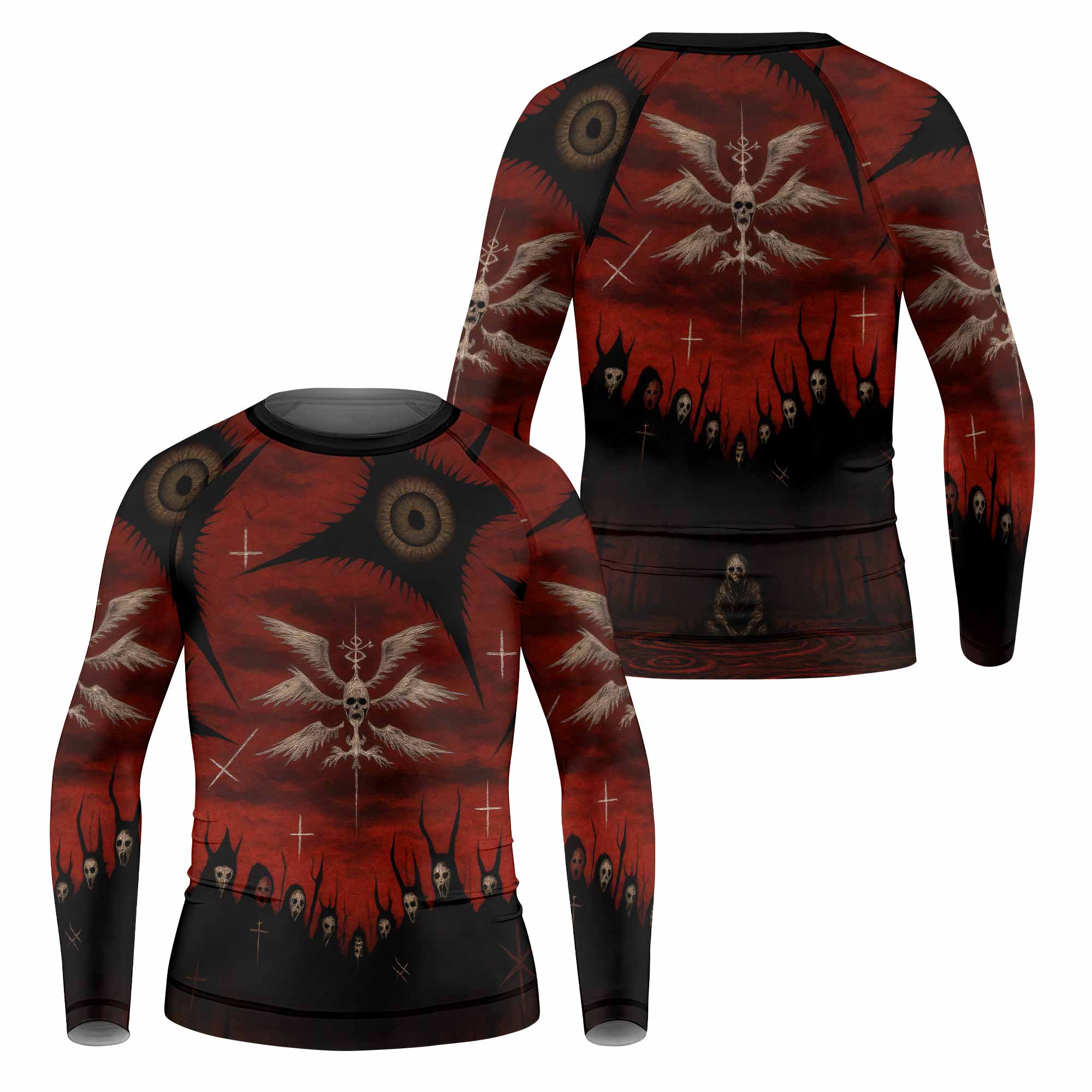 Occult Fallen Seraph Ritual Kids Rash Guard Long Sleeve - front and back view