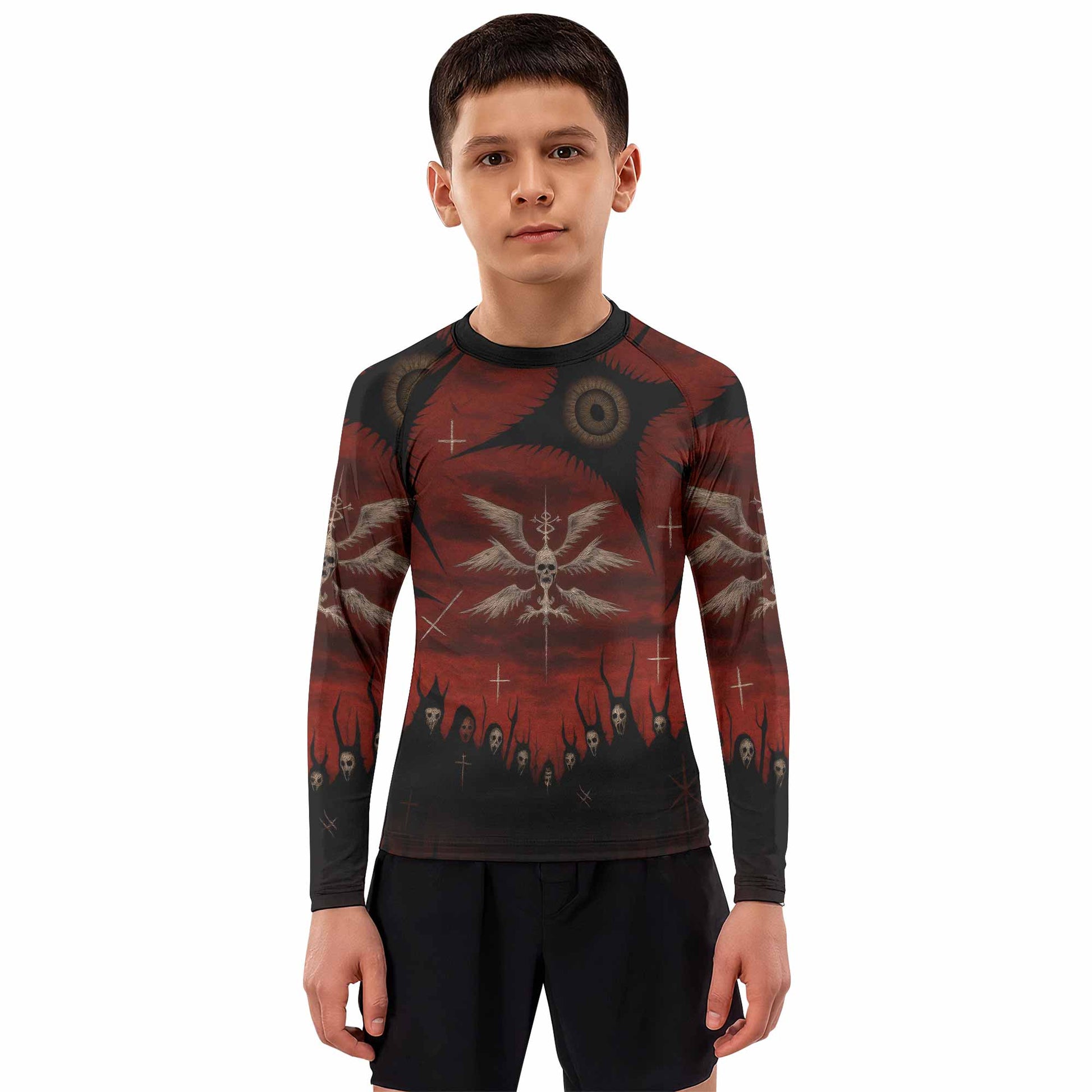 Occult Fallen Seraph Ritual Kids Rash Guard Long Sleeve - boy's lifestyle view