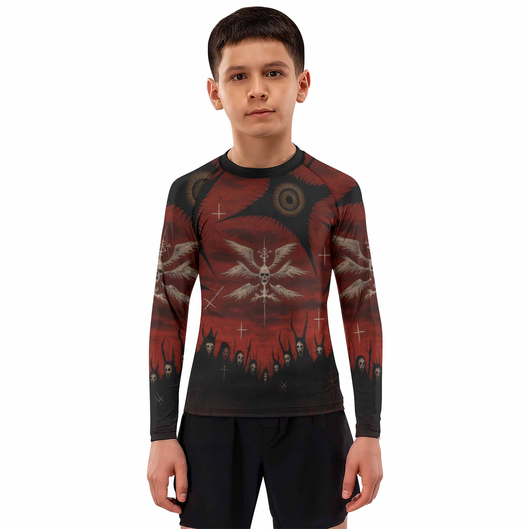 Occult Fallen Seraph Ritual Kids Rash Guard Long Sleeve - boy's lifestyle view
