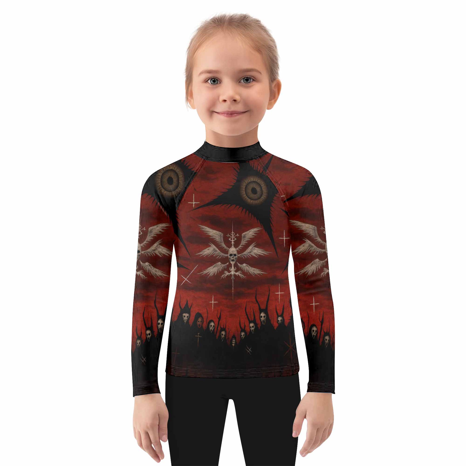 Occult Fallen Seraph Ritual Kids Rash Guard Long Sleeve - girl's lifestyle view