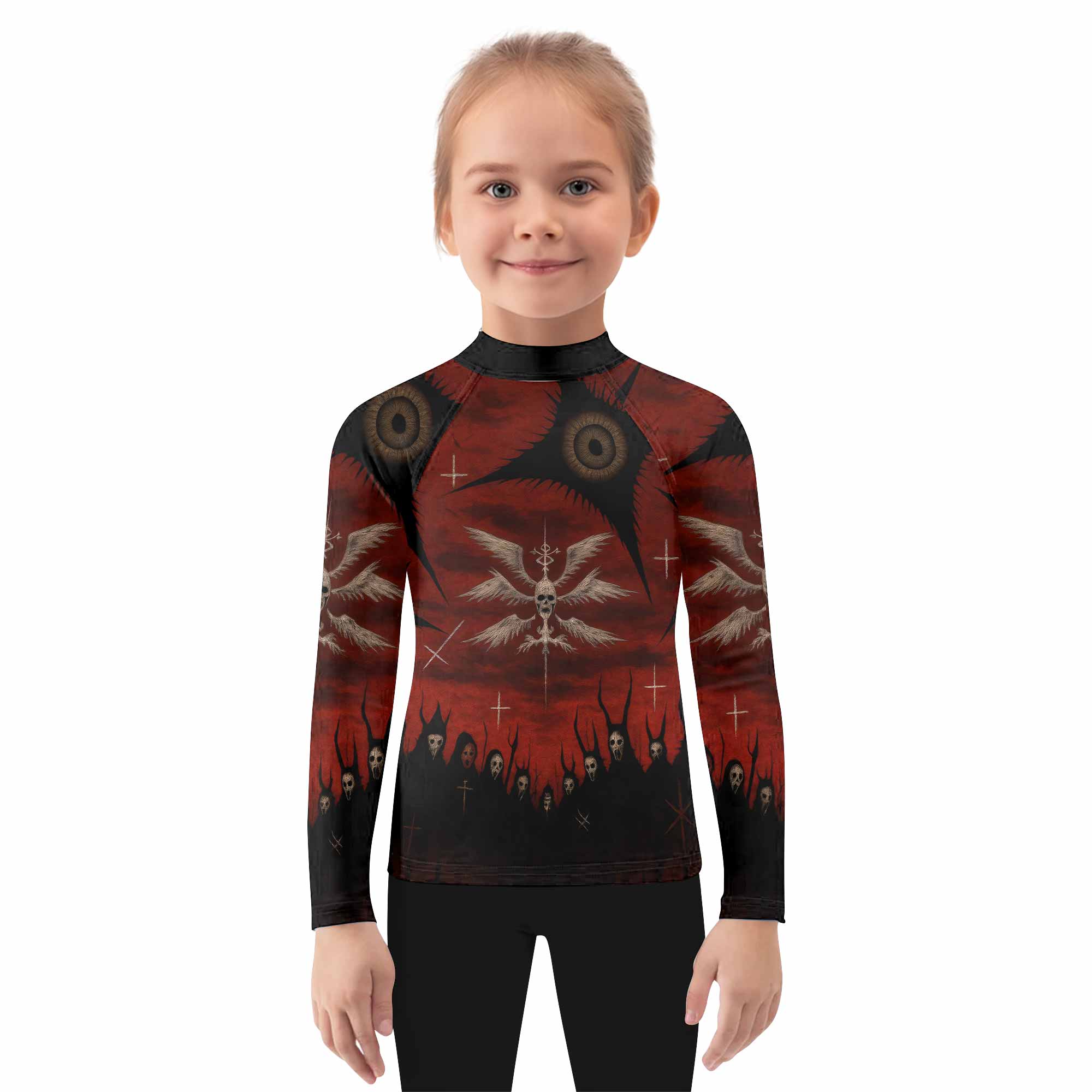 Occult Fallen Seraph Ritual Kids Rash Guard Long Sleeve - girl's lifestyle view