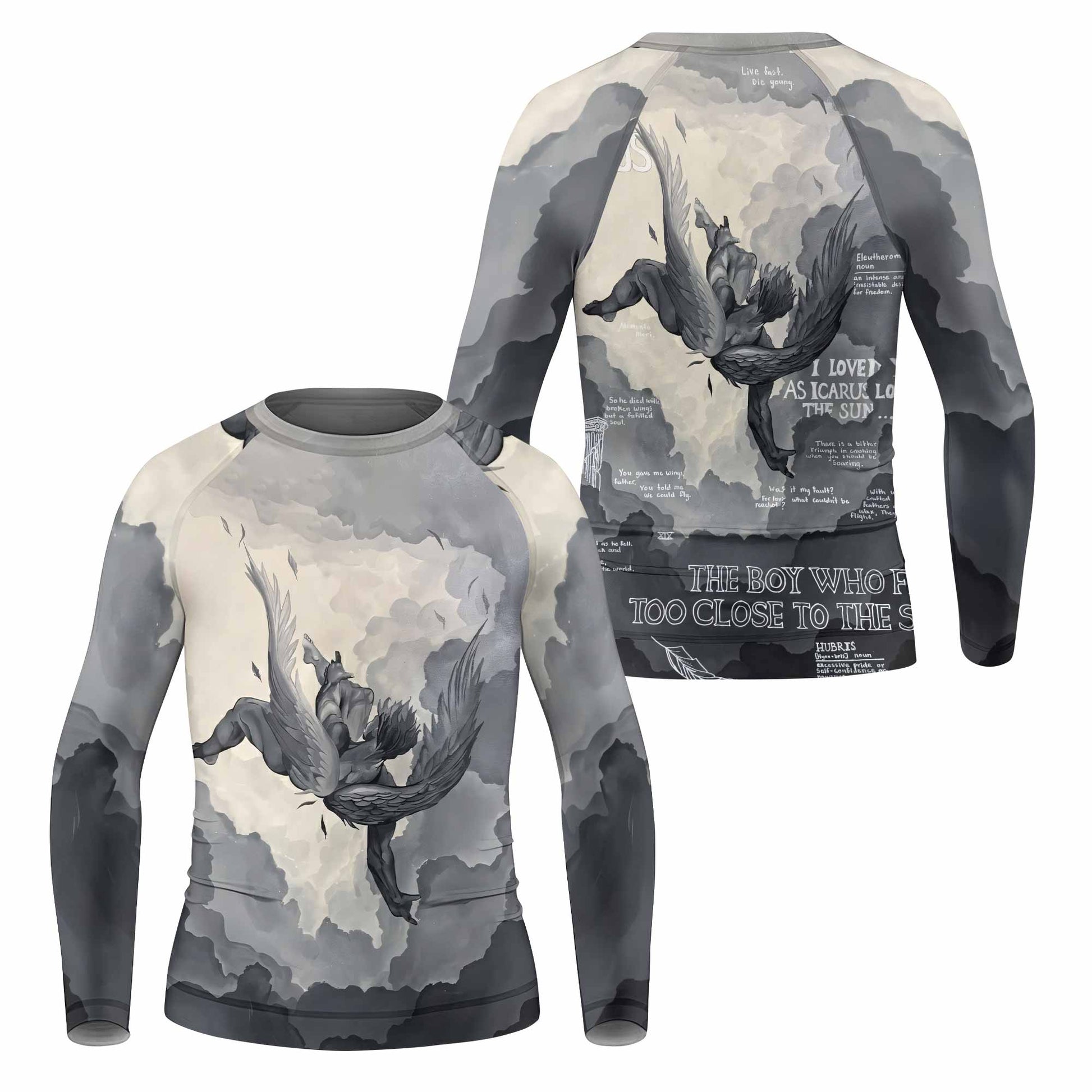 Icarus Too Close To The Sun Kids Rash Guard Long Sleeve - front and back view