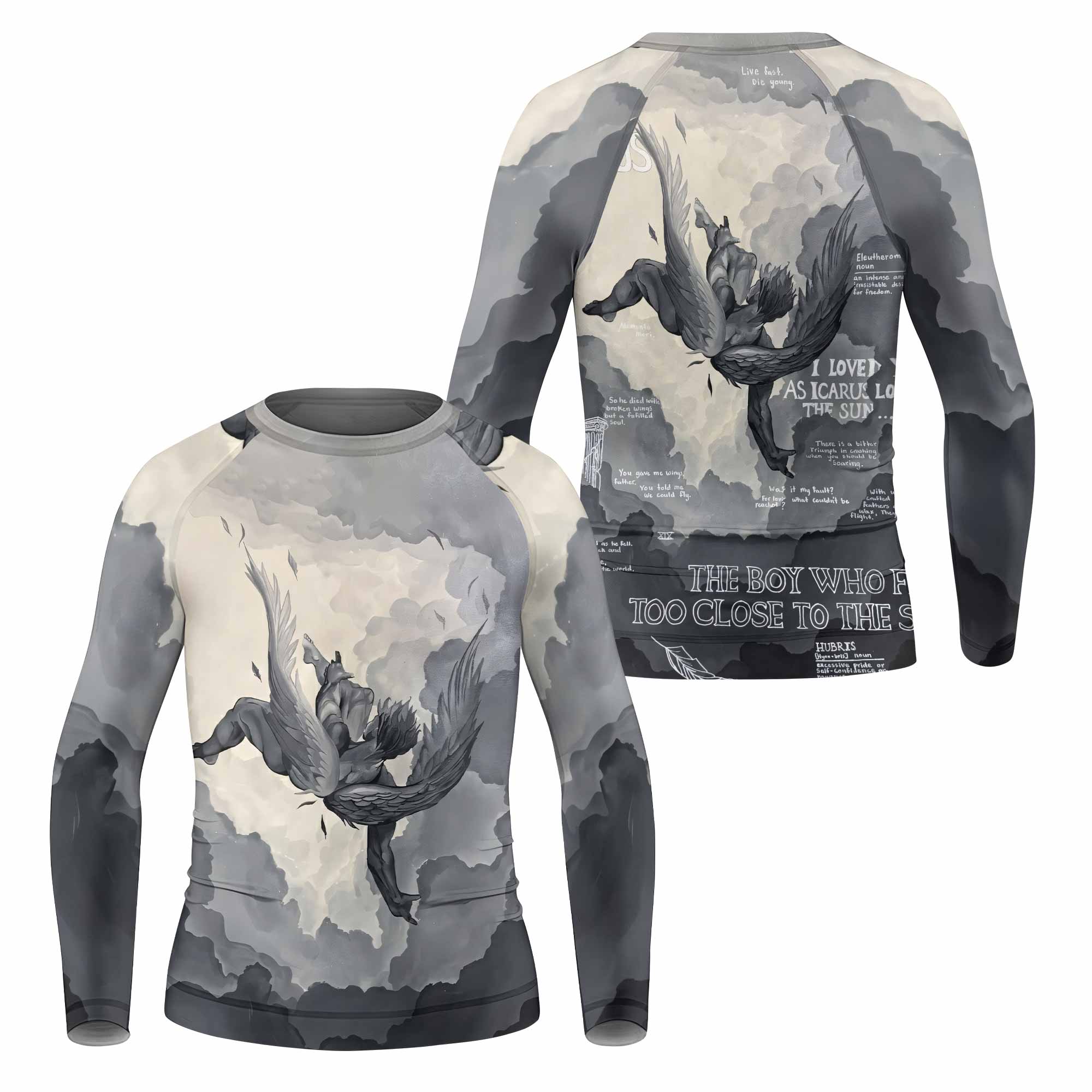 Icarus Too Close To The Sun Kids Rash Guard Long Sleeve - front and back view