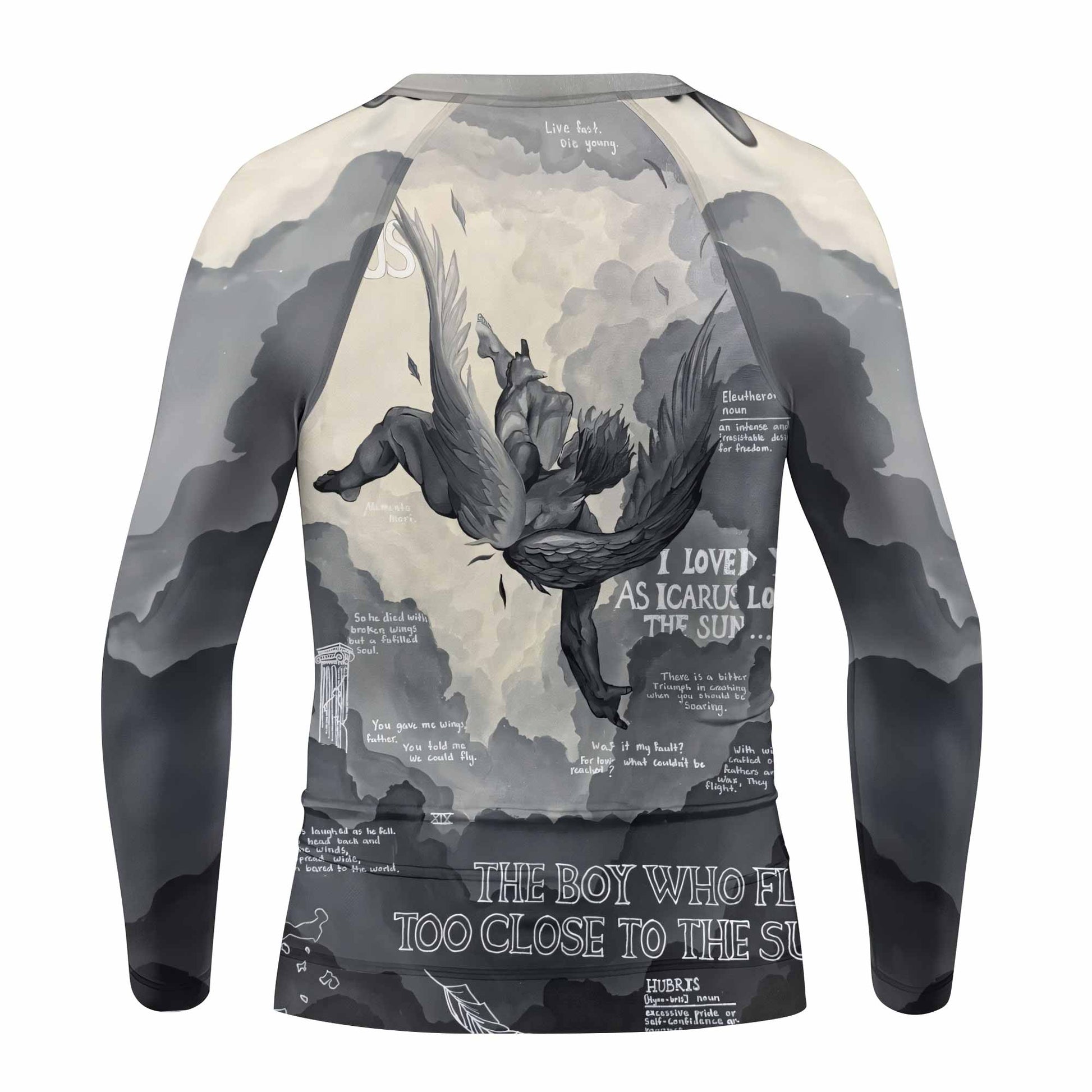 Icarus Too Close To The Sun Kids Rash Guard Long Sleeve - back view mockup