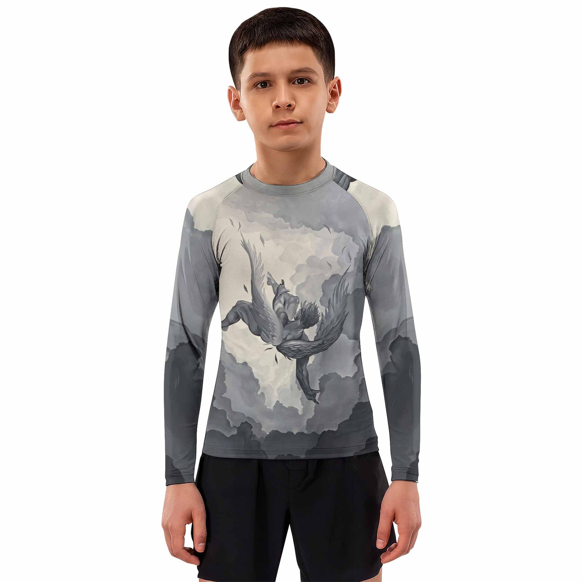Icarus Too Close To The Sun Kids Rash Guard Long Sleeve - boy's lifestyle view