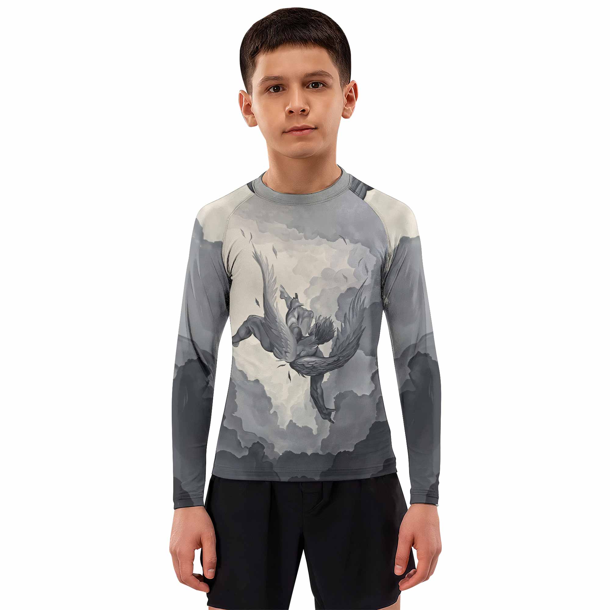 Icarus Too Close To The Sun Kids Rash Guard Long Sleeve - boy's lifestyle view