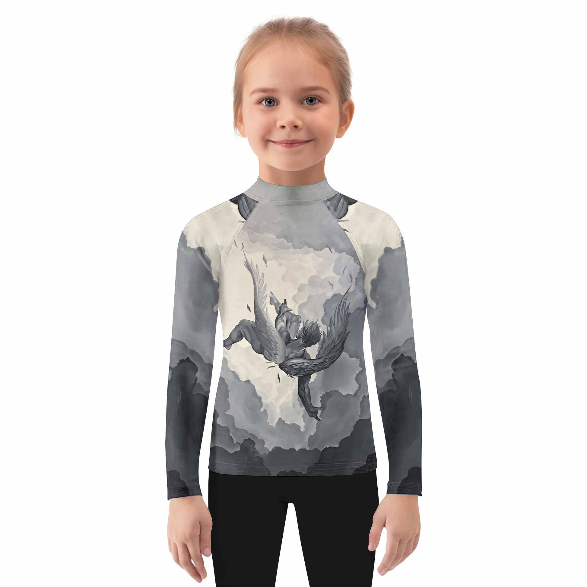 Icarus Too Close To The Sun Kids Rash Guard Long Sleeve - girl's lifestyle view