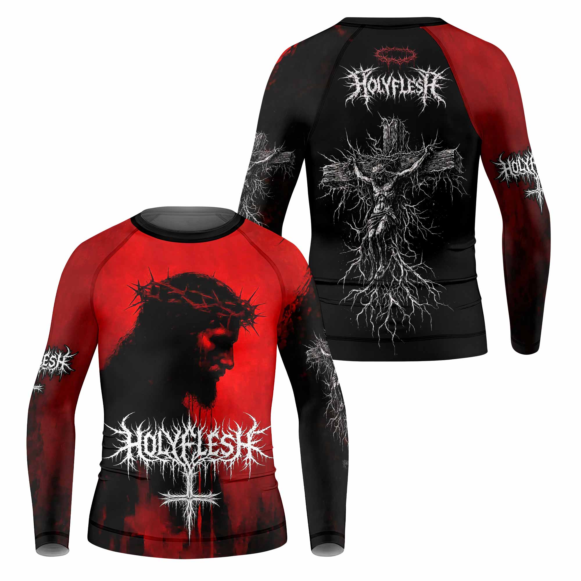 Holy Flesh Crown of Thorns Kids Rash Guard Long Sleeve - front and back view