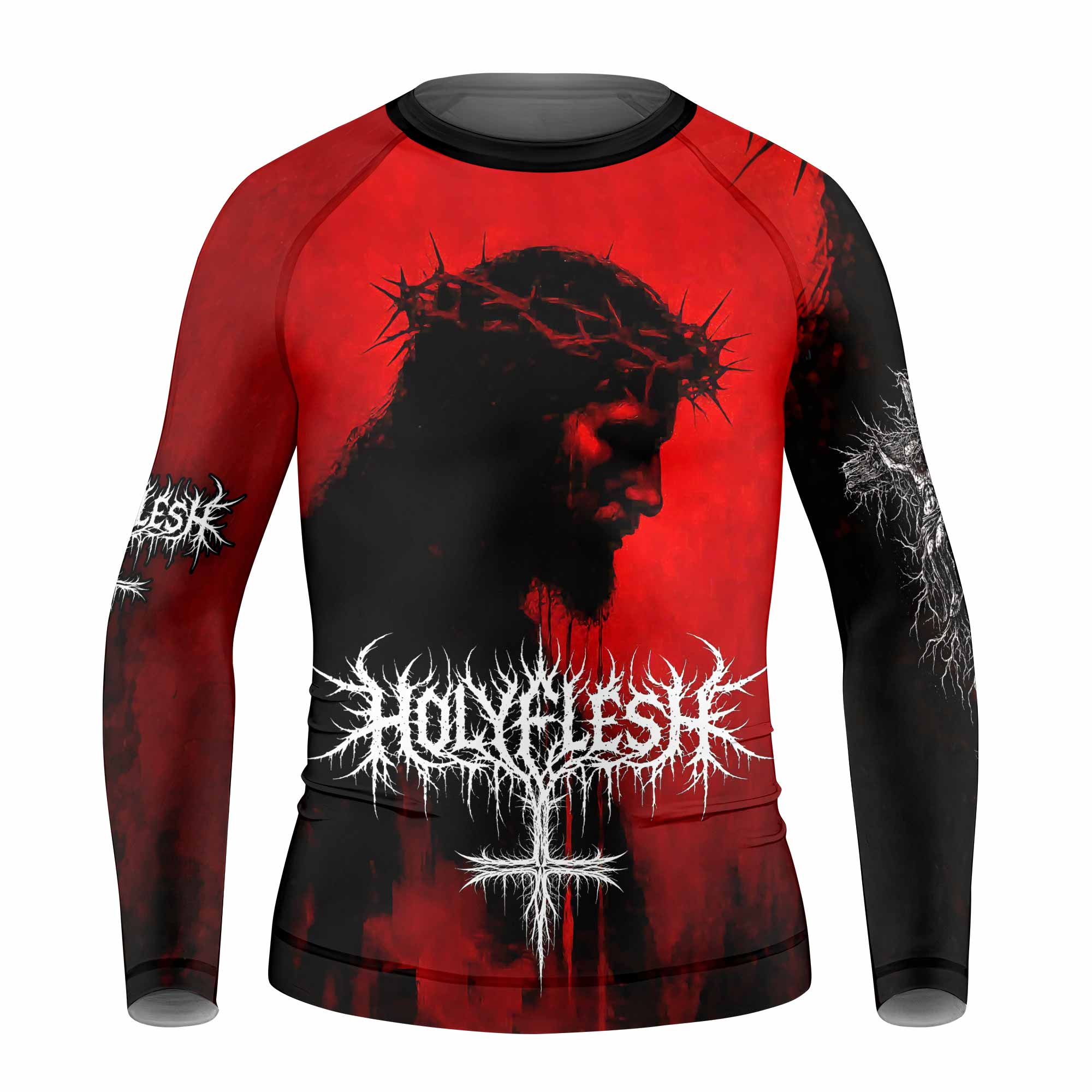 Holy Flesh Crown of Thorns Kids Rash Guard Long Sleeve - front view mockup